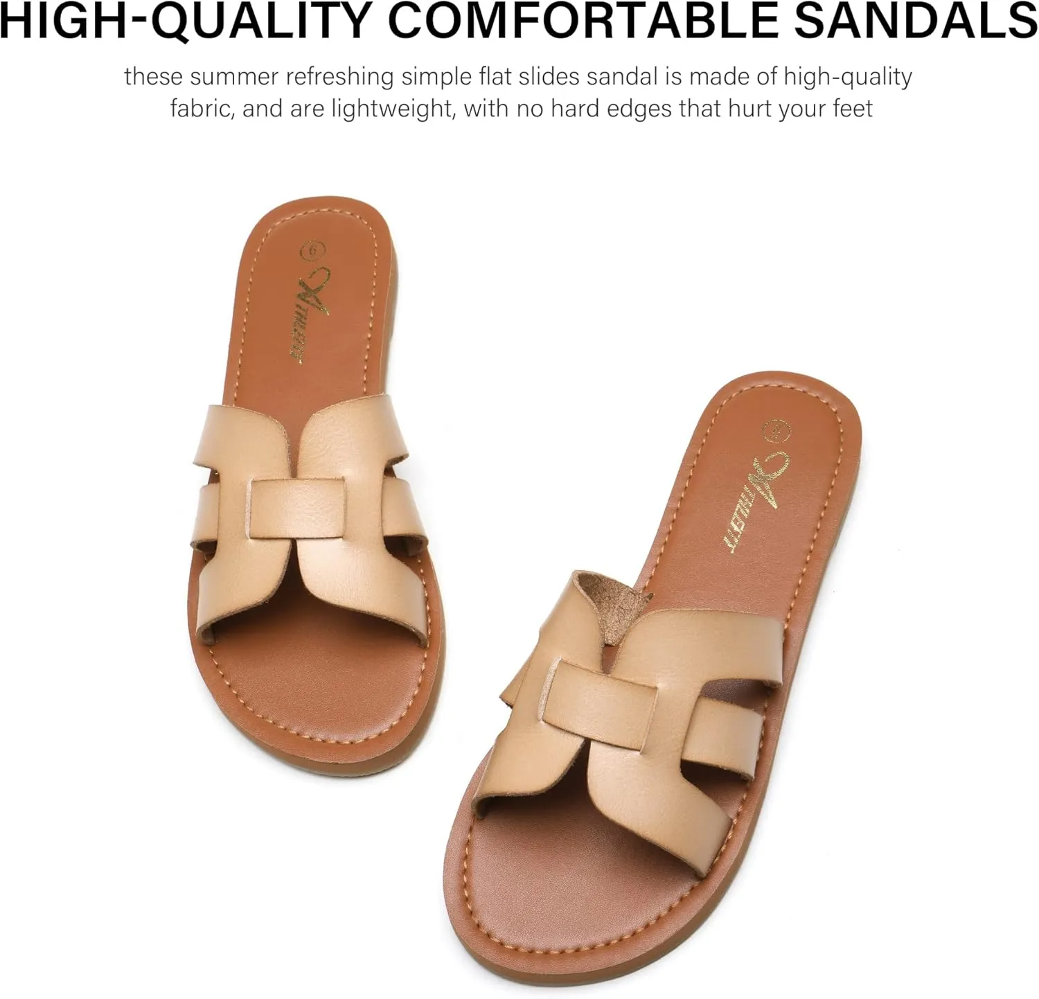 Athlefit Women's Flat Sandals Summer Casual Slip On Leather Slide Sandal