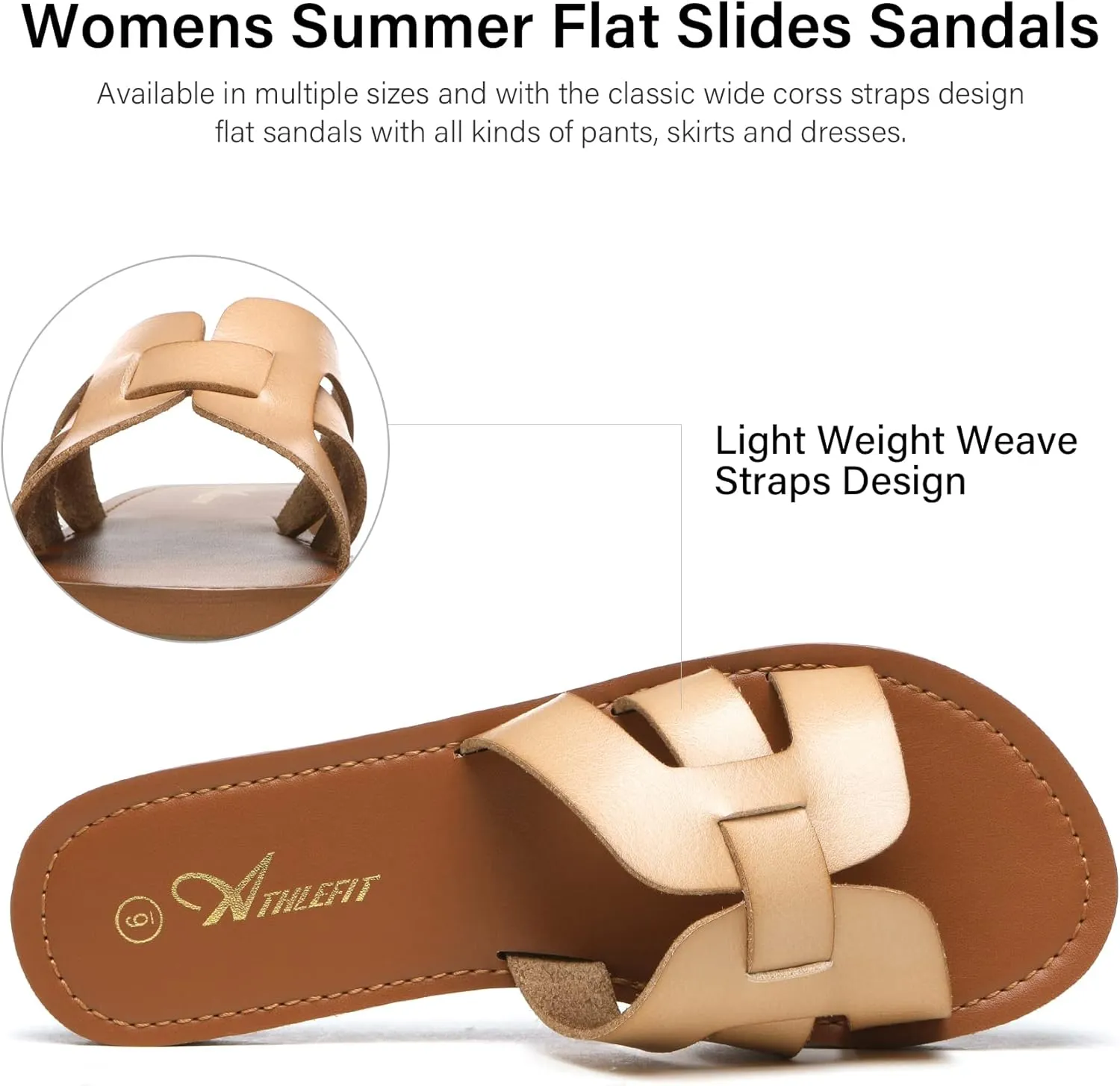 Athlefit Women's Flat Sandals Summer Casual Slip On Leather Slide Sandal