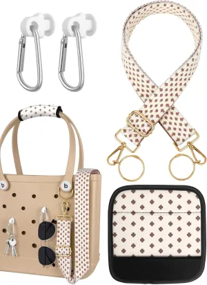 Bag Strap Charms Crossbody for Bogg Bag Accessories - Shoulder Strap Neoprene Luggage Handle Wrap for Suitcase & 2 Key Holders Coffee Geometry Pattern