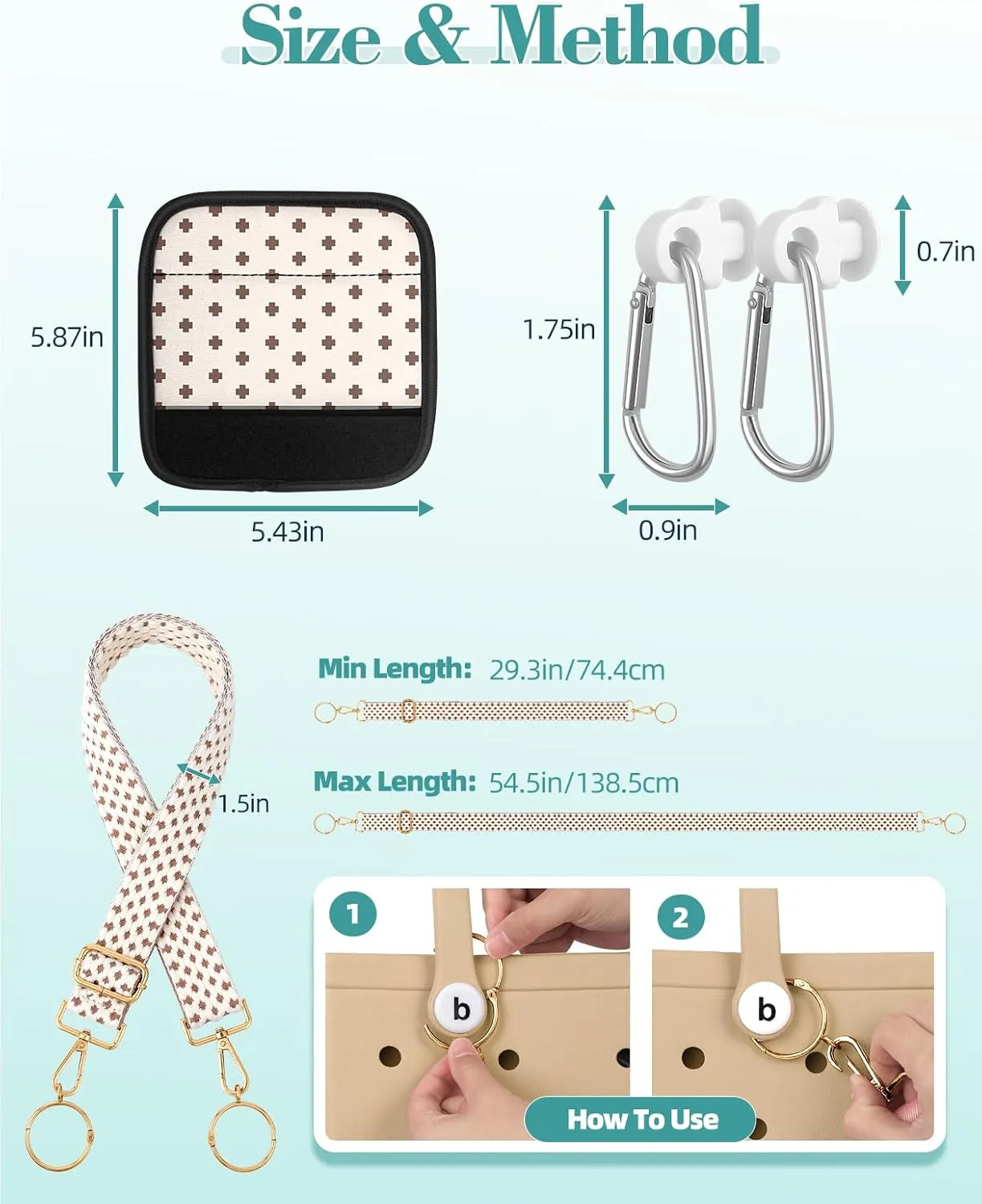 Bag Strap Charms Crossbody for Bogg Bag Accessories - Shoulder Strap Neoprene Luggage Handle Wrap for Suitcase & 2 Key Holders Coffee Geometry Pattern