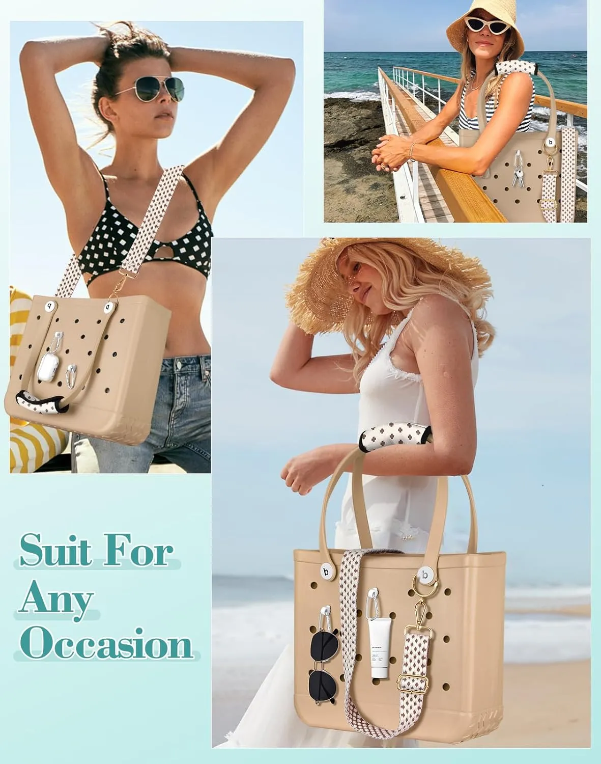 Bag Strap Charms Crossbody for Bogg Bag Accessories - Shoulder Strap Neoprene Luggage Handle Wrap for Suitcase & 2 Key Holders Coffee Geometry Pattern