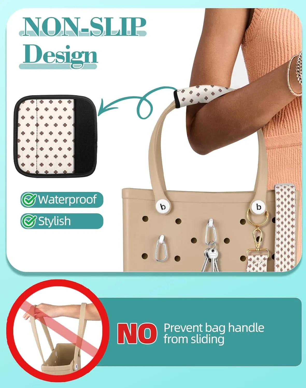 Bag Strap Charms Crossbody for Bogg Bag Accessories - Shoulder Strap Neoprene Luggage Handle Wrap for Suitcase & 2 Key Holders Coffee Geometry Pattern