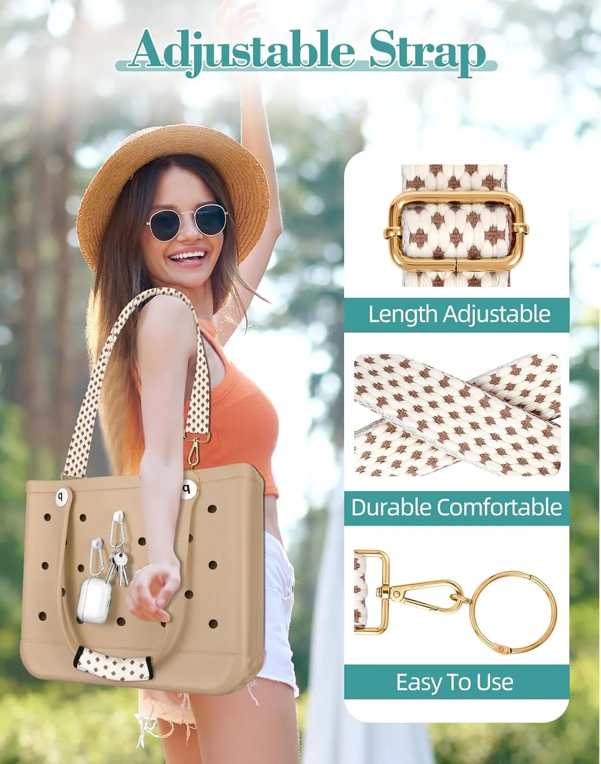 Bag Strap Charms Crossbody for Bogg Bag Accessories - Shoulder Strap Neoprene Luggage Handle Wrap for Suitcase & 2 Key Holders Coffee Geometry Pattern