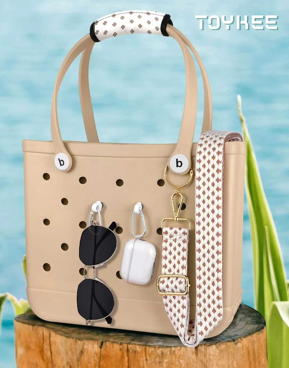 Bag Strap Charms Crossbody for Bogg Bag Accessories - Shoulder Strap Neoprene Luggage Handle Wrap for Suitcase & 2 Key Holders Coffee Geometry Pattern