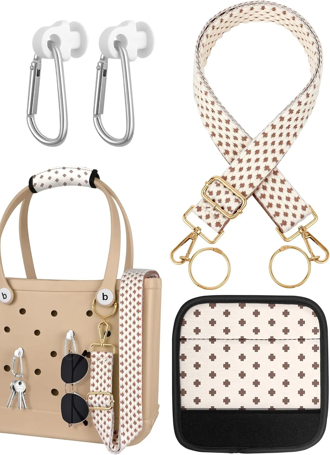 Bag Strap Charms Crossbody for Bogg Bag Accessories - Shoulder Strap Neoprene Luggage Handle Wrap for Suitcase & 2 Key Holders Coffee Geometry Pattern