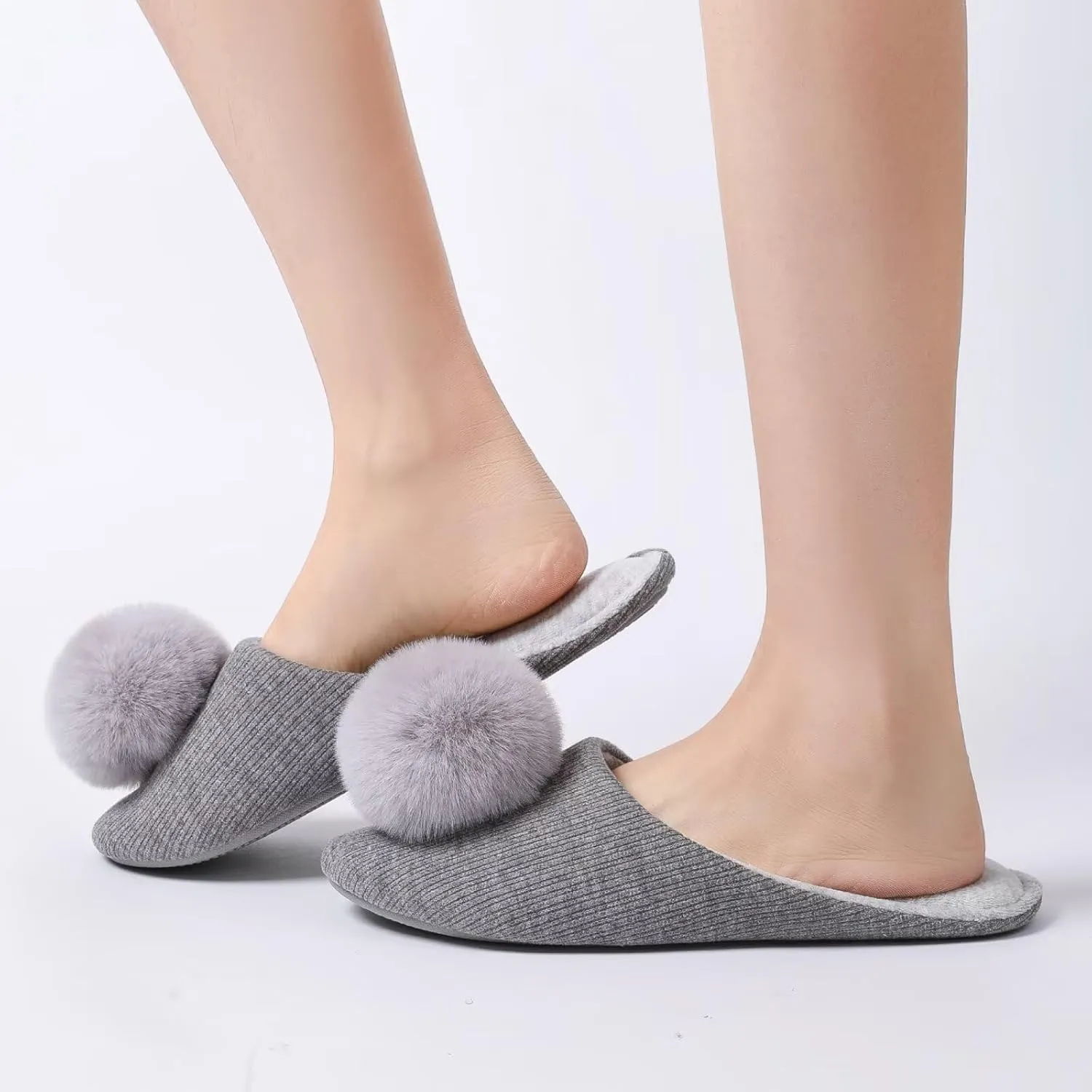 Ballerina Slippers for Women with Pom-pom Soft House Shoes Indoor Slip On with Flexible Rubber Sole