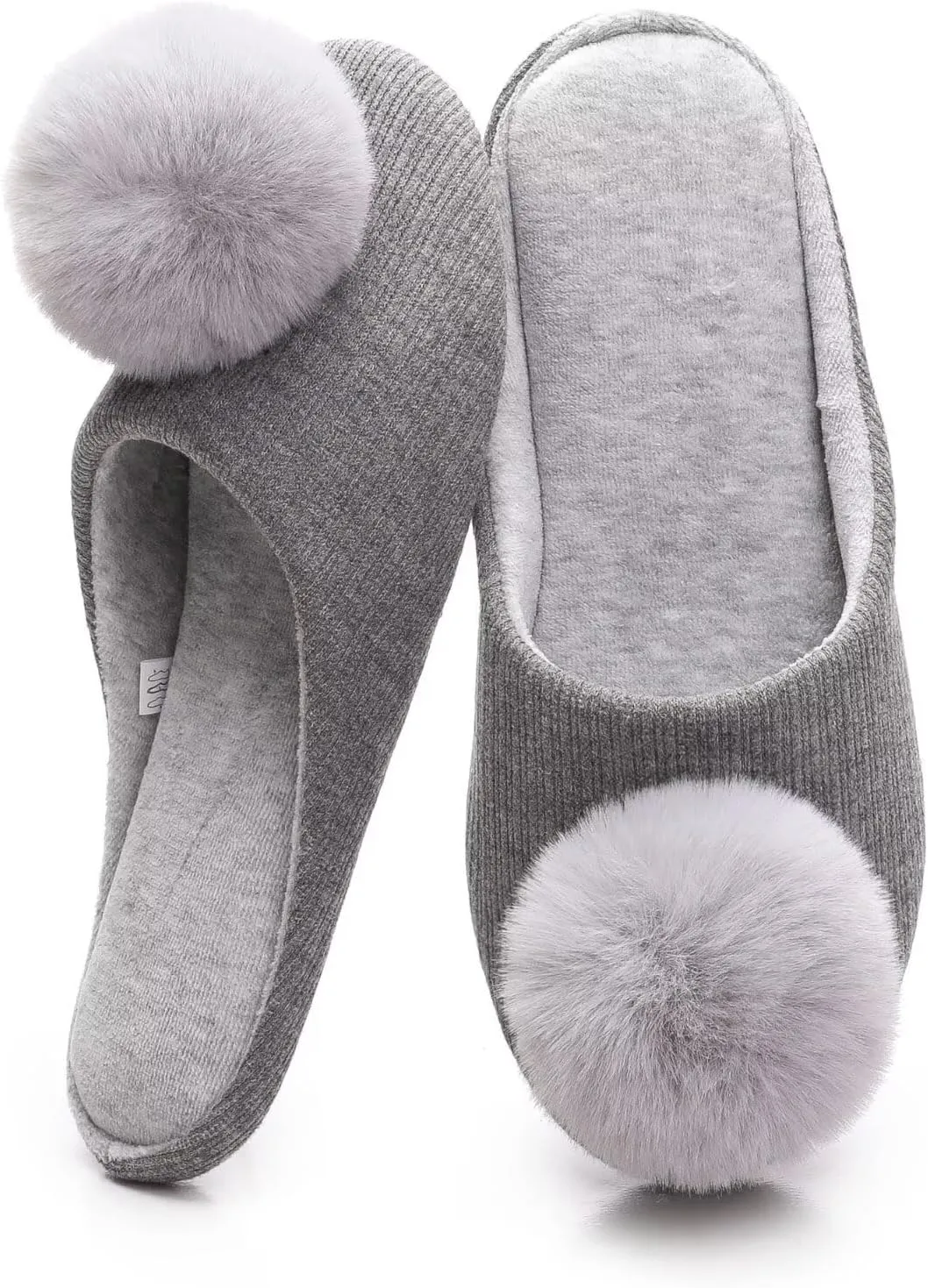 Ballerina Slippers for Women with Pom-pom Soft House Shoes Indoor Slip On with Flexible Rubber Sole