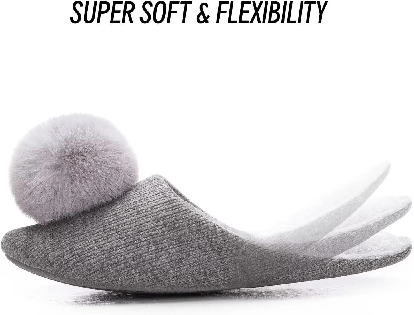 Ballerina Slippers for Women with Pom-pom Soft House Shoes Indoor Slip On with Flexible Rubber Sole