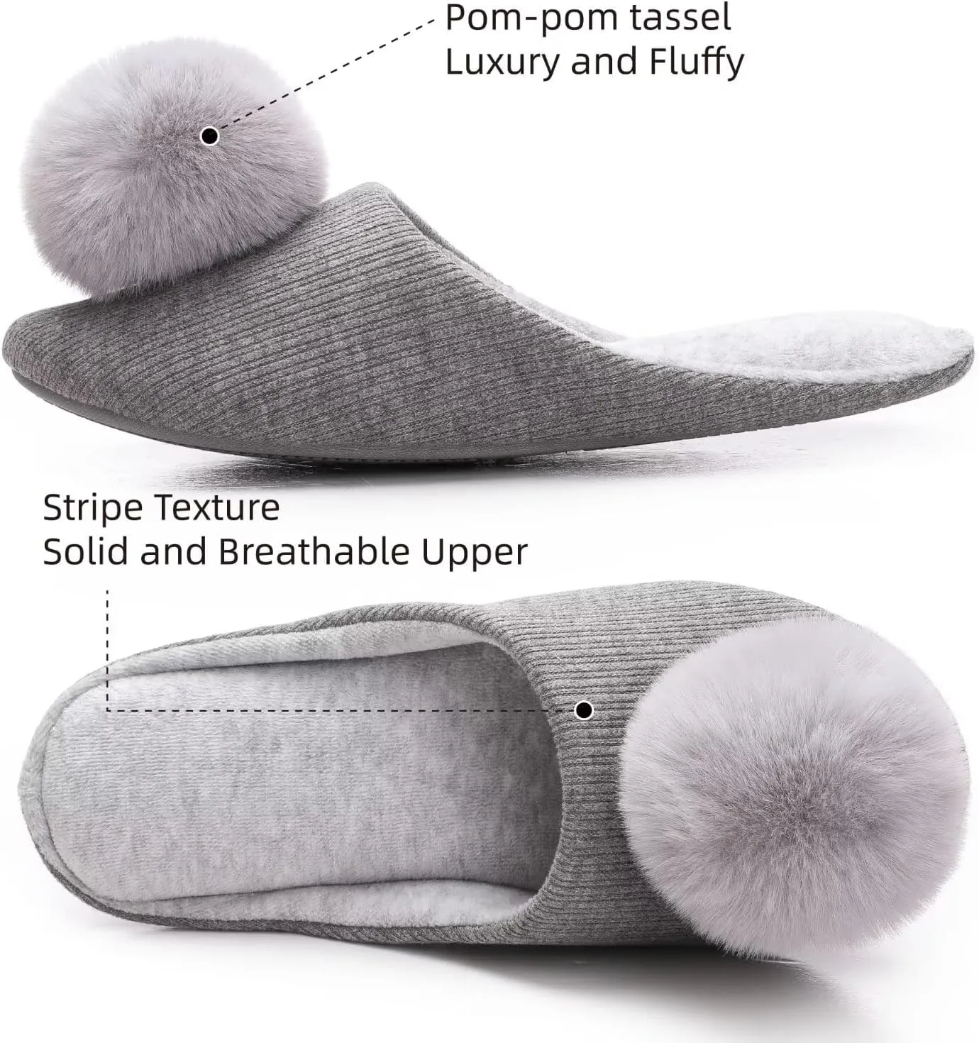 Ballerina Slippers for Women with Pom-pom Soft House Shoes Indoor Slip On with Flexible Rubber Sole
