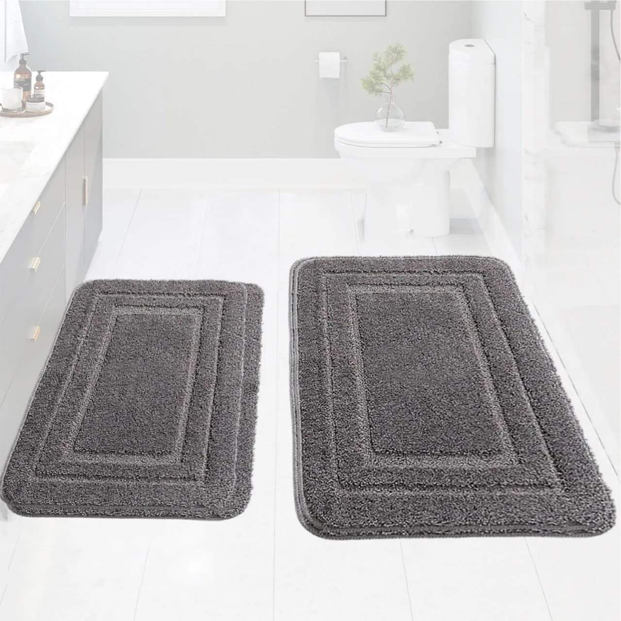 Bathroom Rug Set – Soft & Absorbent – Non-Slip Bath Mats with Secure Backing – Machine Washable, Quick-Drying – 2-Piece Pack (Blue, Camel, Dark Gray, Light Gray)