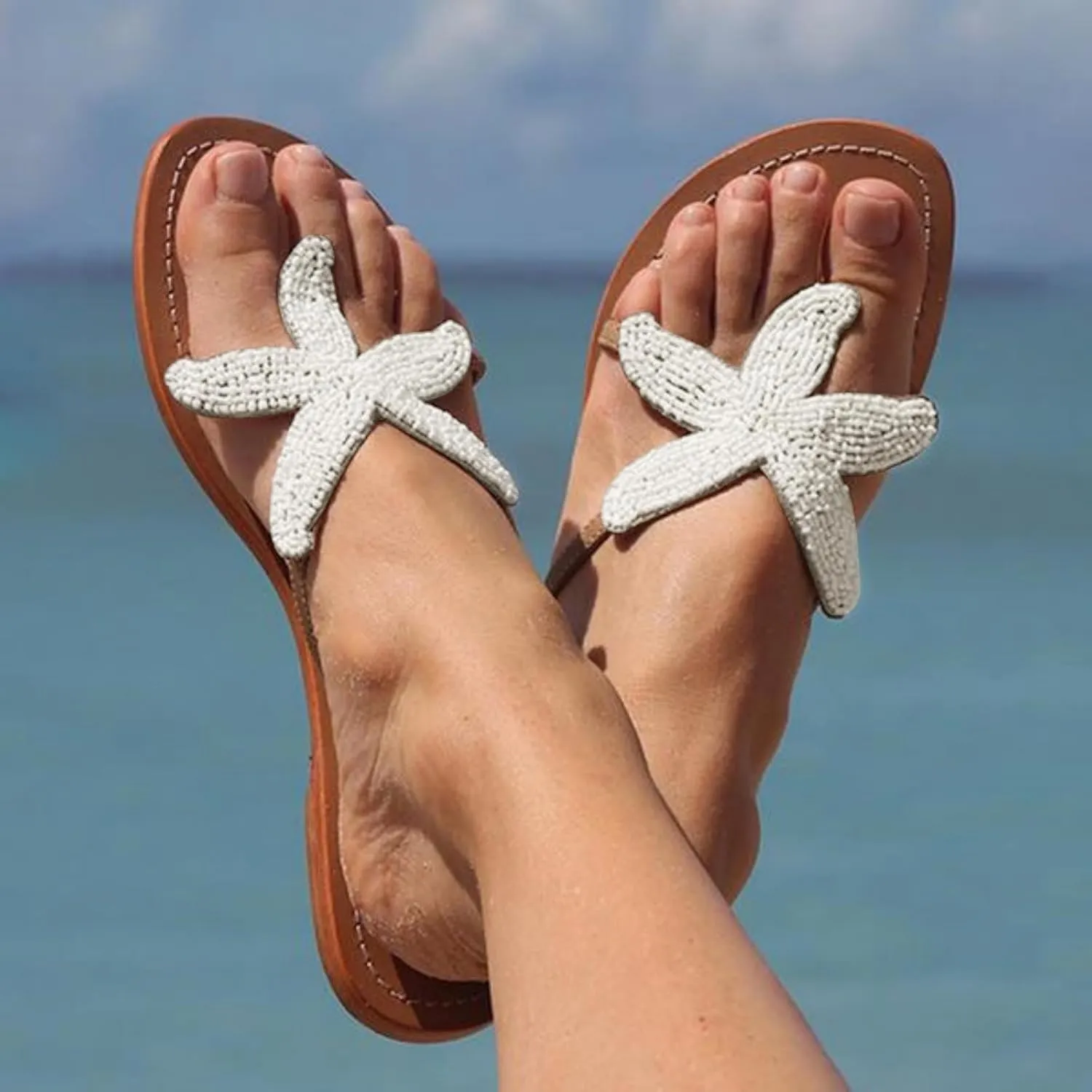 Beach Sandals for Woman Summer Fashion Starfish Slippers Casual Lightweight Slip-on Open Toe Thong Flip Flops Breathable Knitted Pentagram Outdoor Slippers