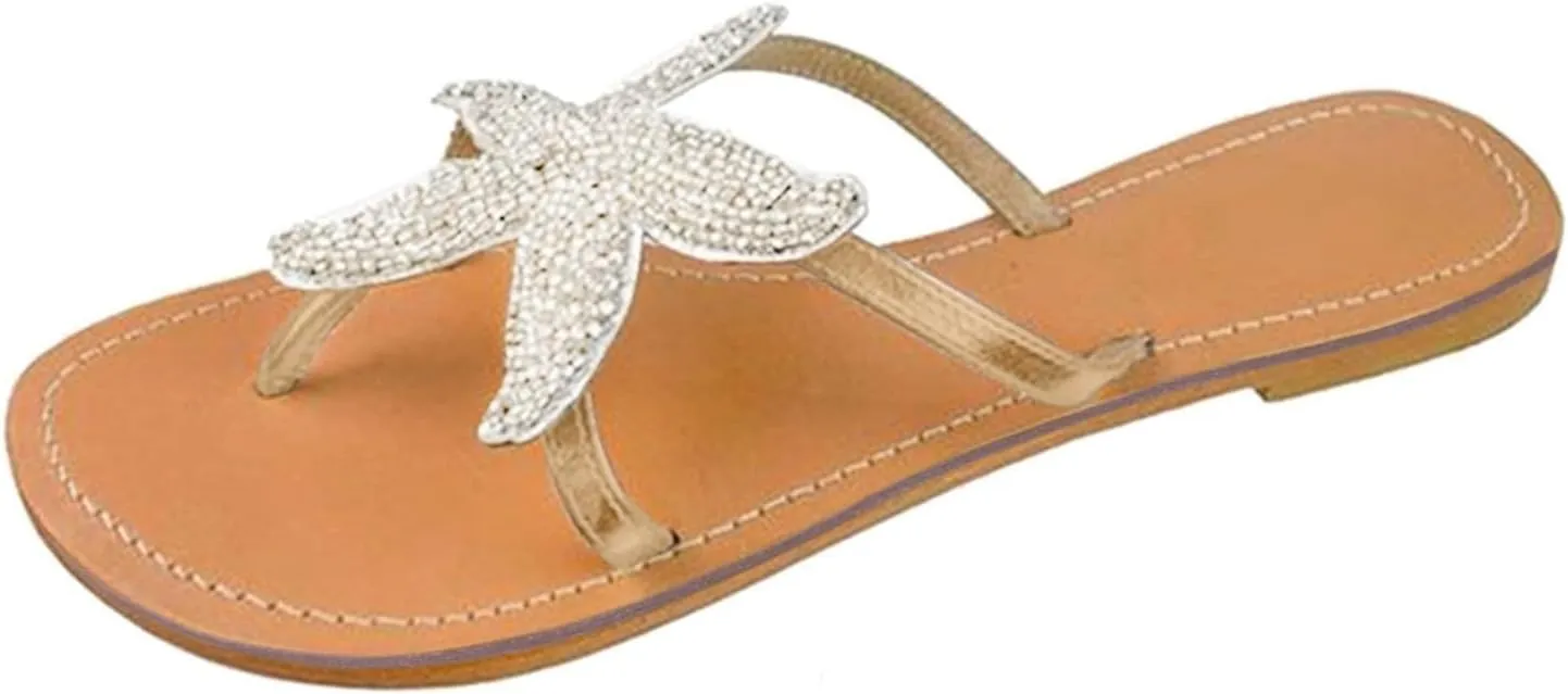 Beach Sandals for Woman Summer Fashion Starfish Slippers Casual Lightweight Slip-on Open Toe Thong Flip Flops Breathable Knitted Pentagram Outdoor Slippers