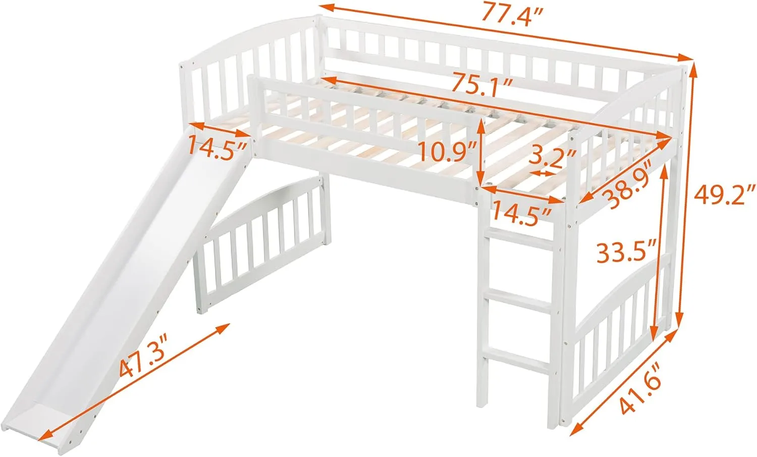 Bellemave Twin Loft Bed with Slide and Ladder, Low Loft Bed for Kids, Wood Loft Bed, for Boys Girls,White