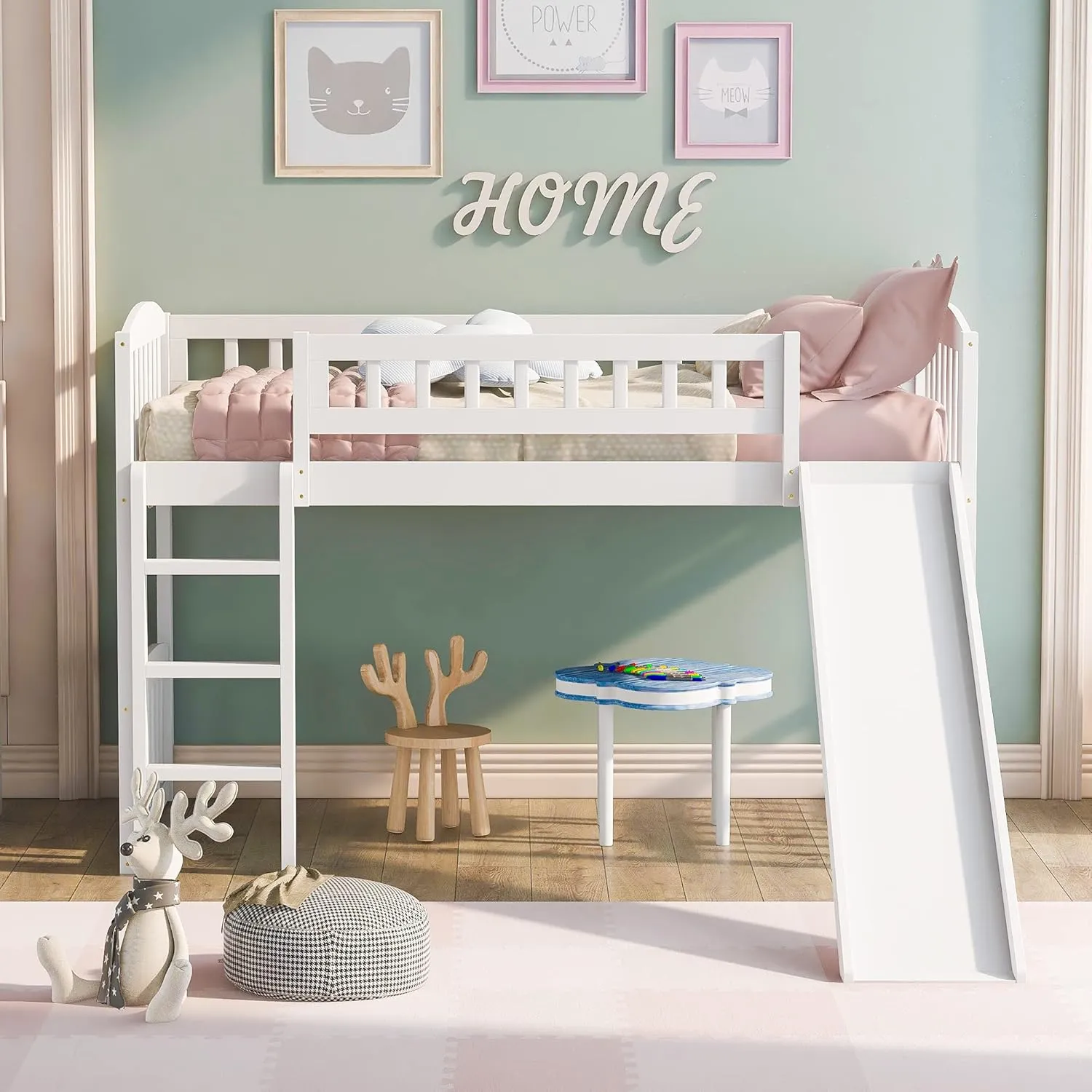 Bellemave Twin Loft Bed with Slide and Ladder, Low Loft Bed for Kids, Wood Loft Bed, for Boys Girls,White