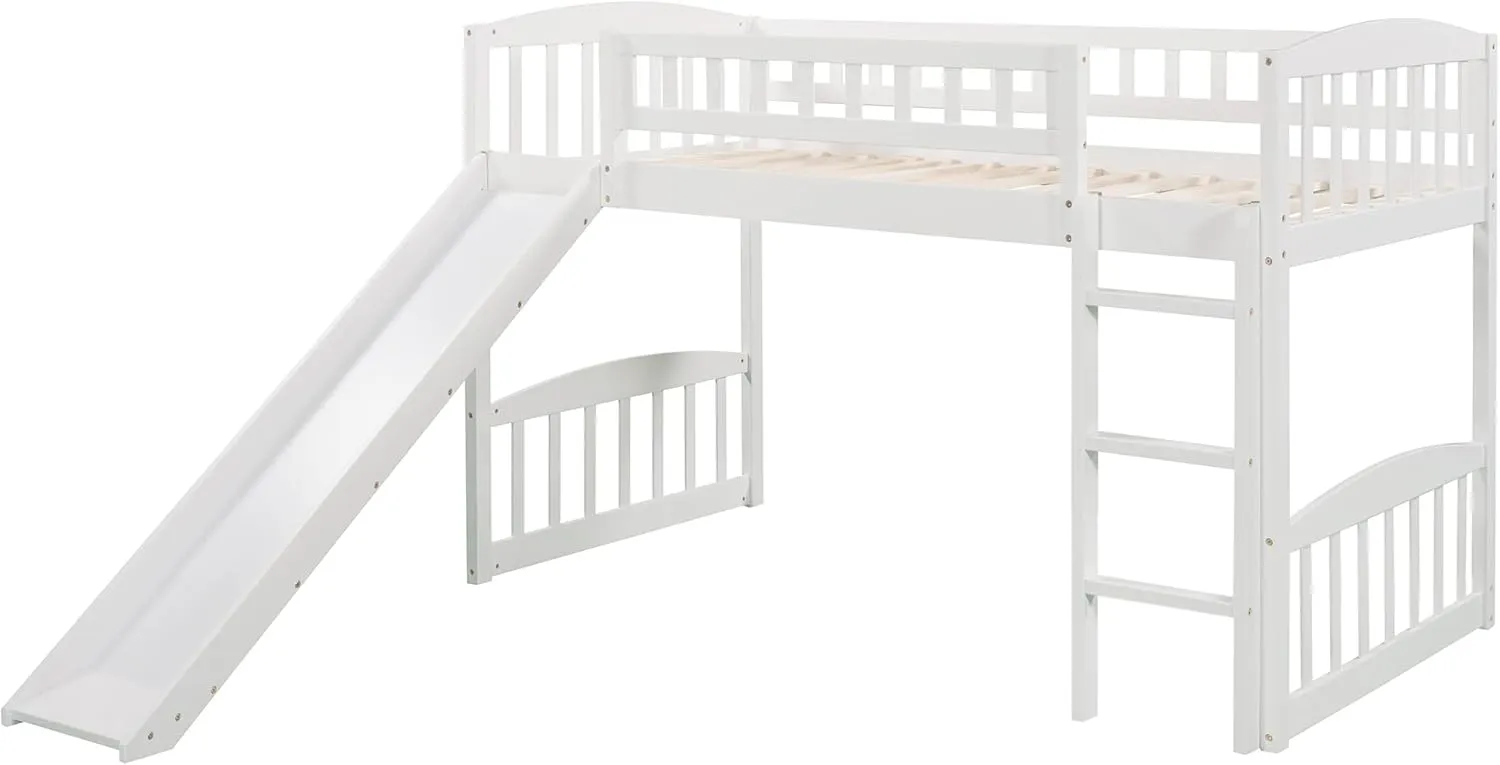 Bellemave Twin Loft Bed with Slide and Ladder, Low Loft Bed for Kids, Wood Loft Bed, for Boys Girls,White