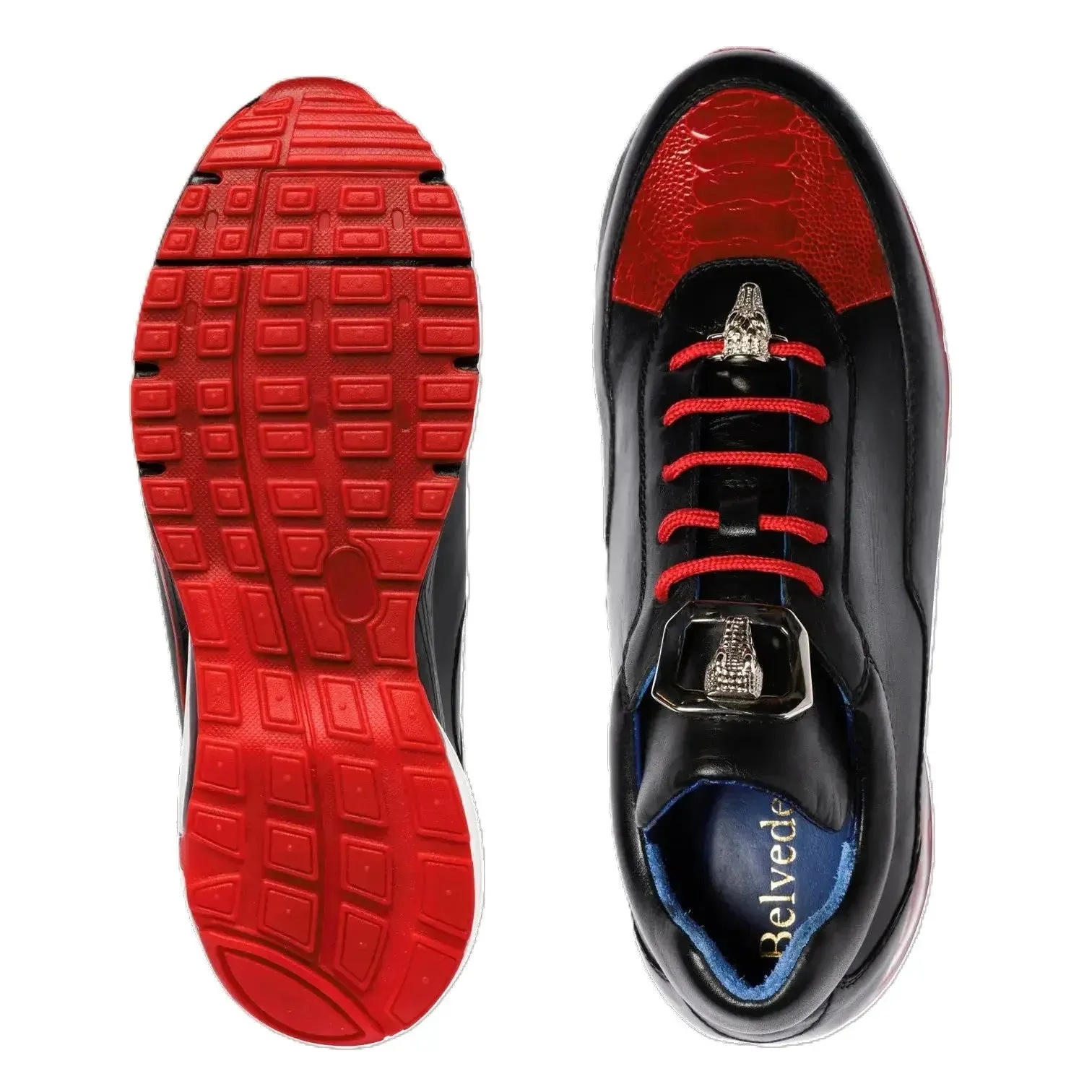 Belvedere Flash E01 Black/Red Genuine Ostrich/Soft Italian Calf Sneakers