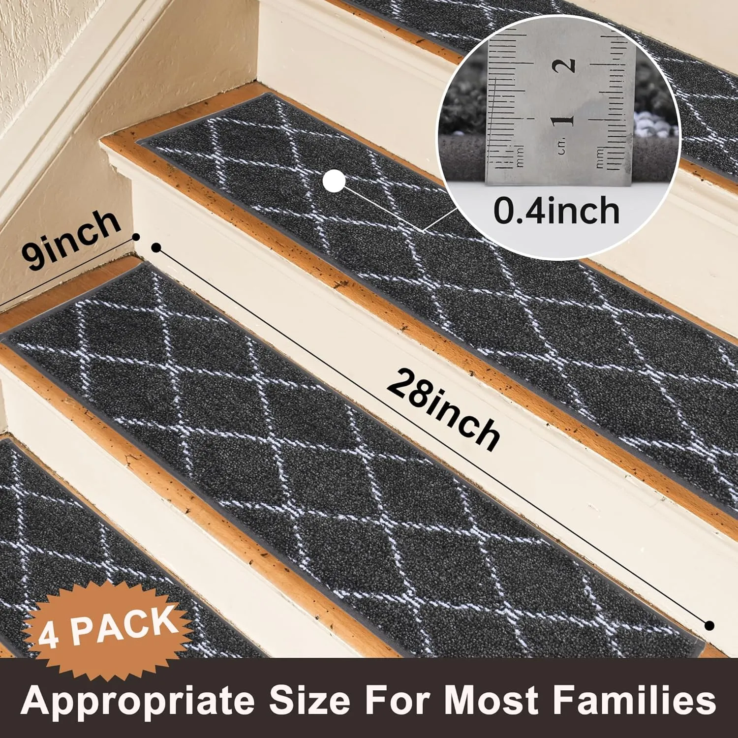 BEQHAUSE Stair Treads for Wooden Steps Polyester Soft Stair Runner Self-Adhesive Stair Rugs Non Slip for Dogs and Kids with TPE Backing 28inX9in Washable Stairs Carpet 4pcs,Dark Grey