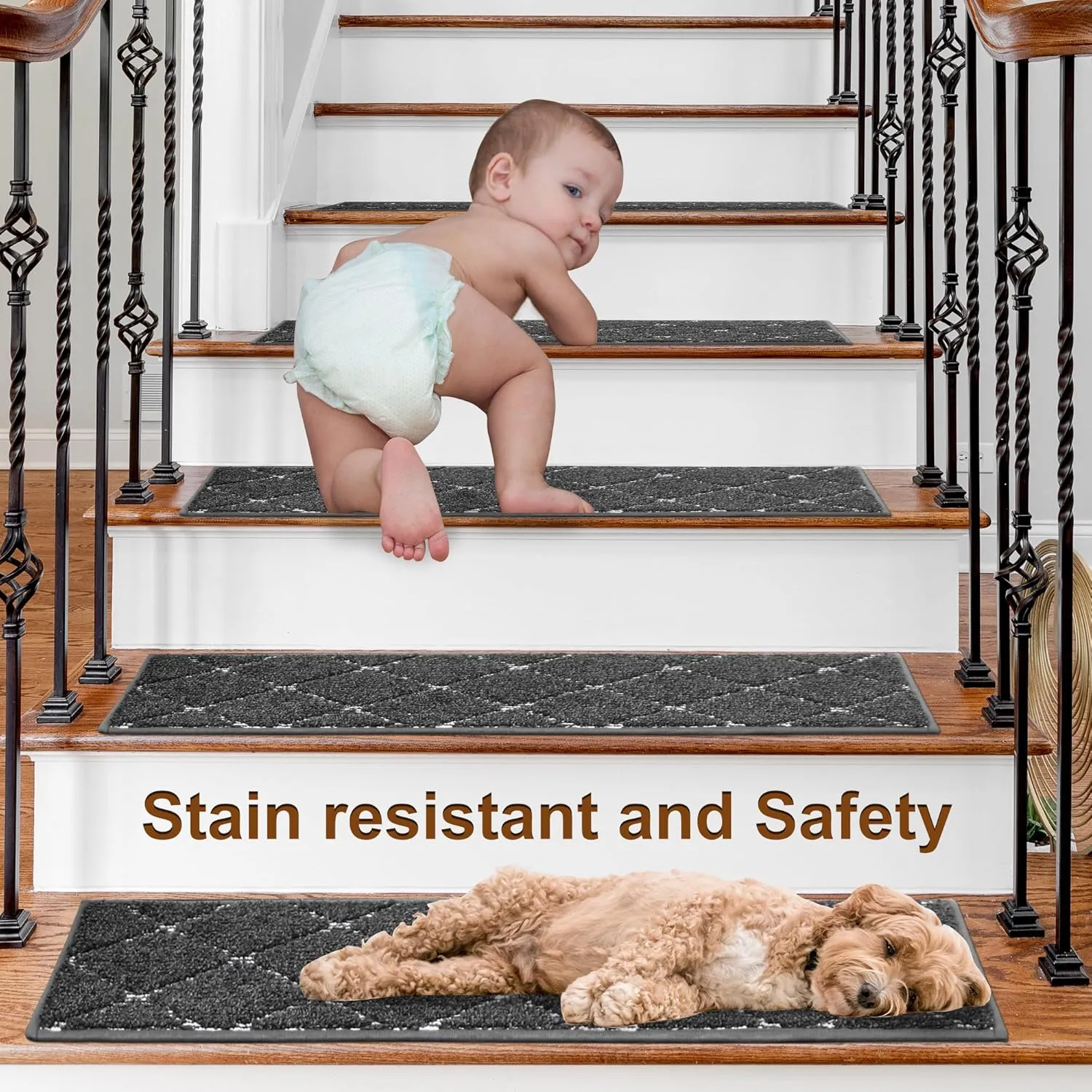 BEQHAUSE Stair Treads for Wooden Steps Polyester Soft Stair Runner Self-Adhesive Stair Rugs Non Slip for Dogs and Kids with TPE Backing 28inX9in Washable Stairs Carpet 4pcs,Dark Grey