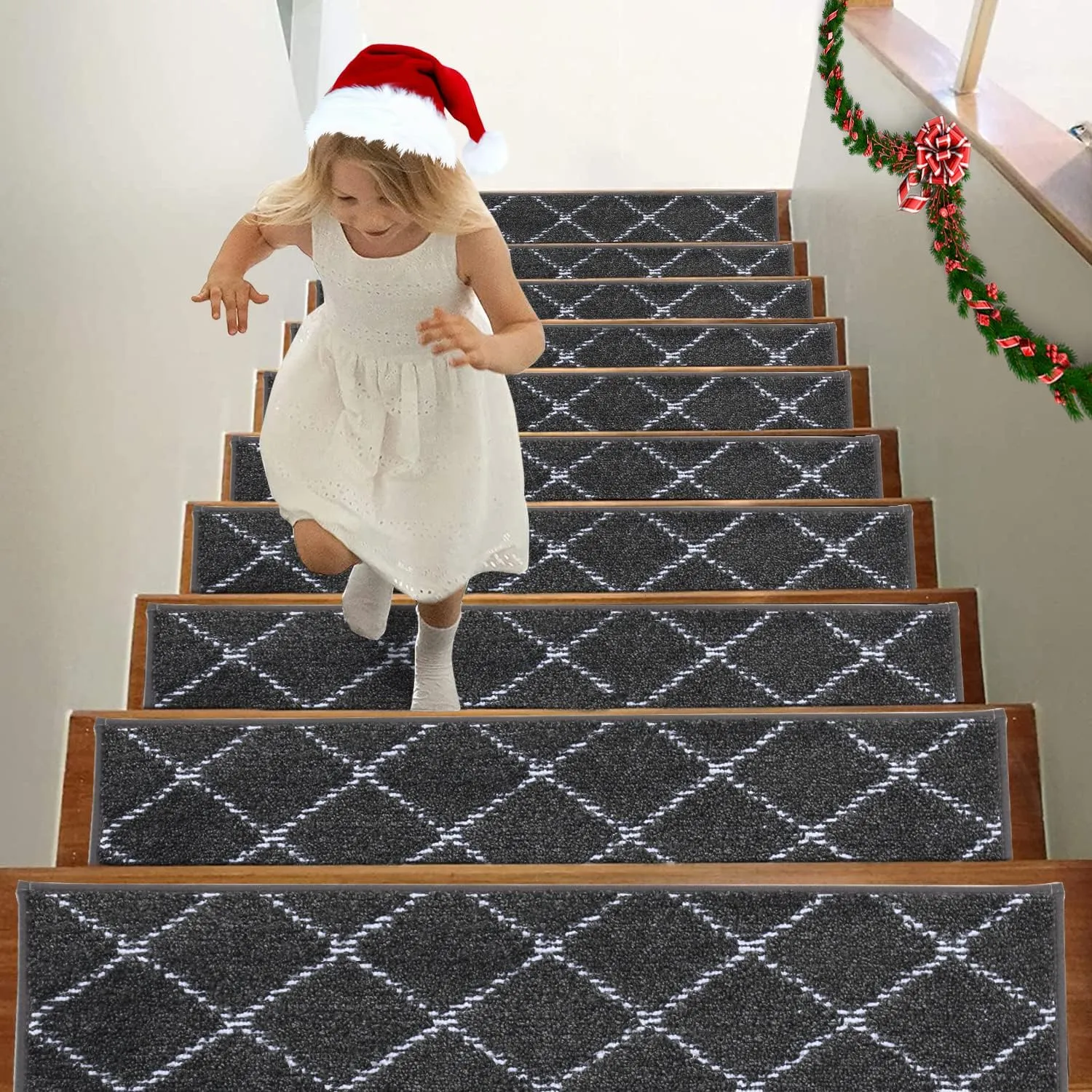 BEQHAUSE Stair Treads for Wooden Steps Polyester Soft Stair Runner Self-Adhesive Stair Rugs Non Slip for Dogs and Kids with TPE Backing 28inX9in Washable Stairs Carpet 4pcs,Dark Grey