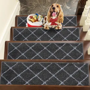 BEQHAUSE Stair Treads for Wooden Steps Polyester Soft Stair Runner Self-Adhesive Stair Rugs Non Slip for Dogs and Kids with TPE Backing 28inX9in Washable Stairs Carpet 4pcs,Dark Grey