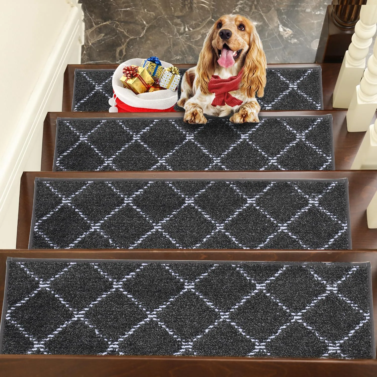 BEQHAUSE Stair Treads for Wooden Steps Polyester Soft Stair Runner Self-Adhesive Stair Rugs Non Slip for Dogs and Kids with TPE Backing 28inX9in Washable Stairs Carpet 4pcs,Dark Grey