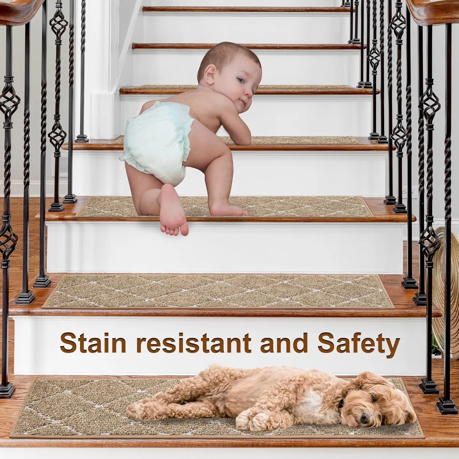 BEQHAUSE Stair Treads Non Slip Stair Runners for Wooden Steps Machine Washable Polyester Soft Stair Rugs 28inX9in Beige Stair Mats Safety Edging Stair Rugs for Dogs,Elders and Kids 4pcs