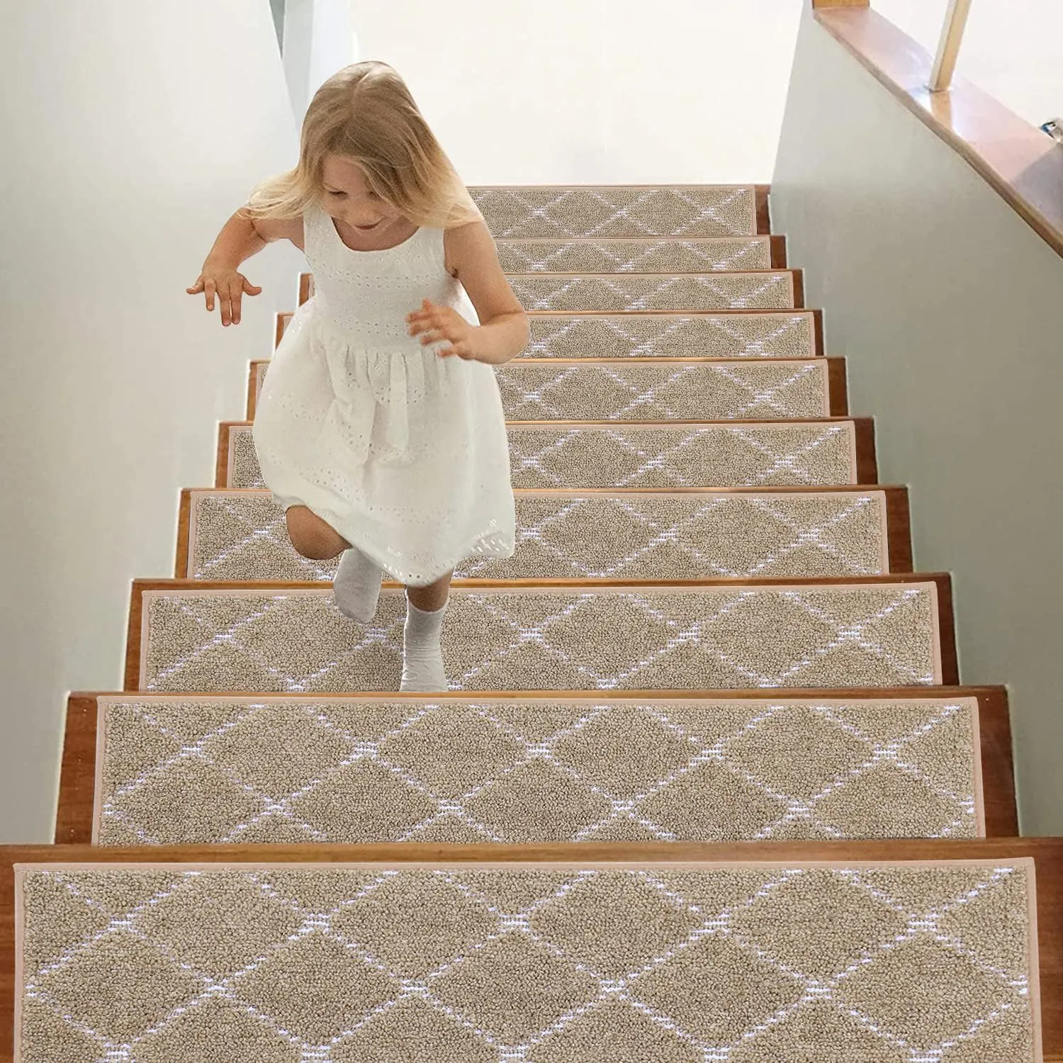 BEQHAUSE Stair Treads Non Slip Stair Runners for Wooden Steps Machine Washable Polyester Soft Stair Rugs 28inX9in Beige Stair Mats Safety Edging Stair Rugs for Dogs,Elders and Kids 4pcs