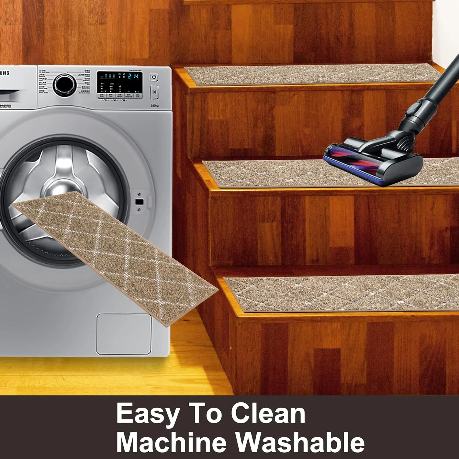 BEQHAUSE Stair Treads Non Slip Stair Runners for Wooden Steps Machine Washable Polyester Soft Stair Rugs 28inX9in Beige Stair Mats Safety Edging Stair Rugs for Dogs,Elders and Kids 4pcs