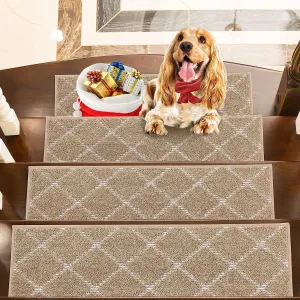 BEQHAUSE Stair Treads Non Slip Stair Runners for Wooden Steps Machine Washable Polyester Soft Stair Rugs 28inX9in Beige Stair Mats Safety Edging Stair Rugs for Dogs,Elders and Kids 4pcs