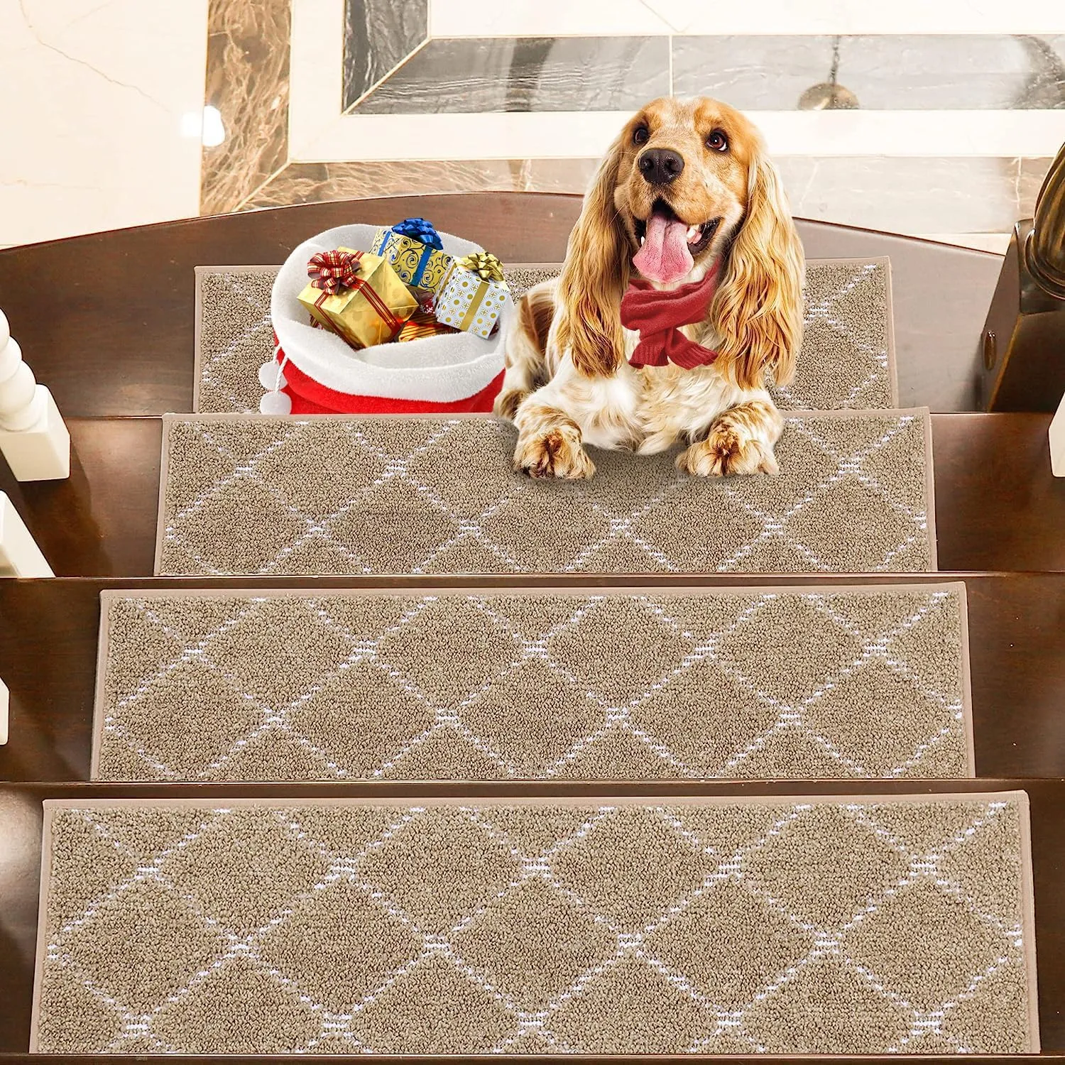 BEQHAUSE Stair Treads Non Slip Stair Runners for Wooden Steps Machine Washable Polyester Soft Stair Rugs 28inX9in Beige Stair Mats Safety Edging Stair Rugs for Dogs,Elders and Kids 4pcs