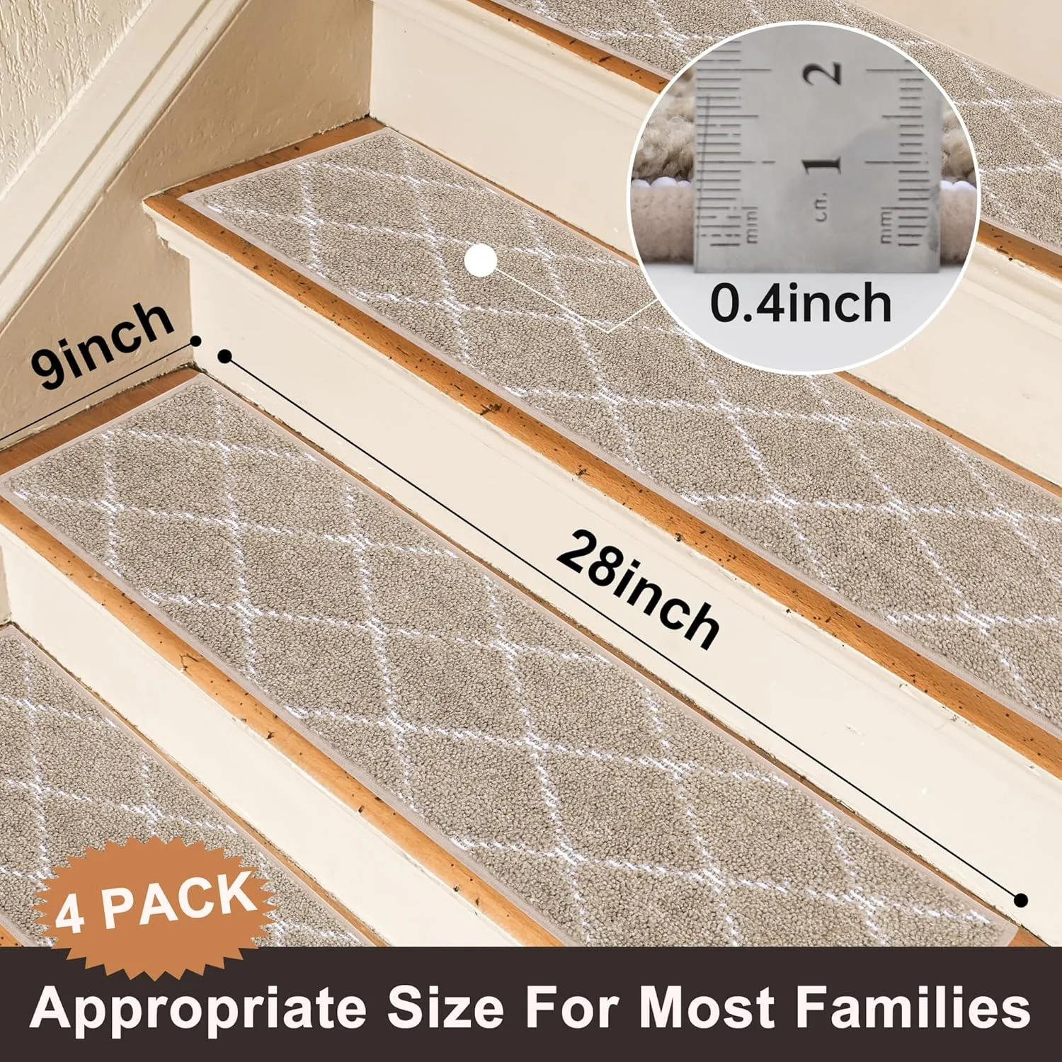 BEQHAUSE Stair Treads Non Slip Stair Runners for Wooden Steps Machine Washable Polyester Soft Stair Rugs 28inX9in Beige Stair Mats Safety Edging Stair Rugs for Dogs,Elders and Kids 4pcs