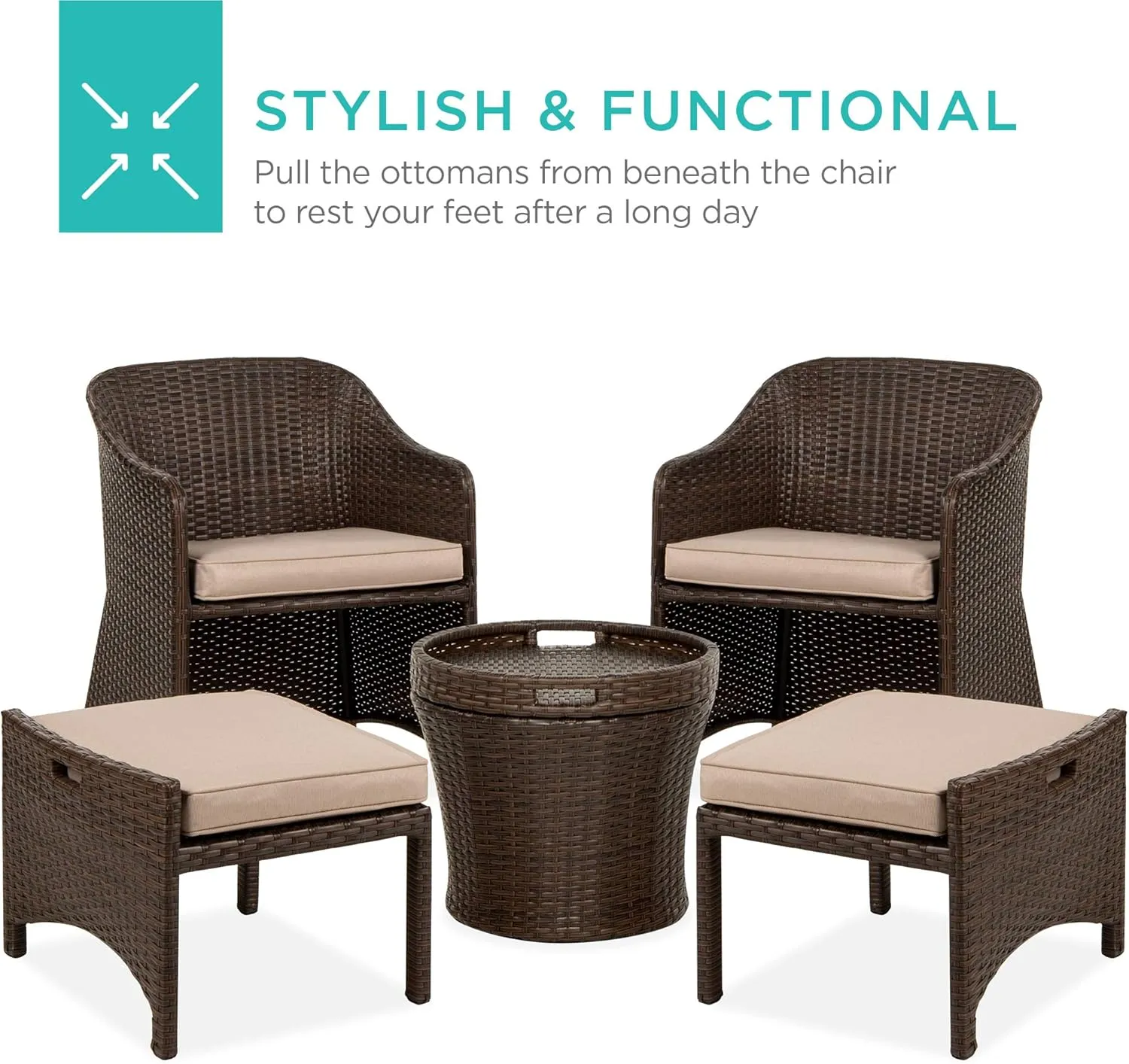 Best Choice Products 5-Piece Outdoor Patio Furniture Set, No Assembly Required Wicker Conversation Bistro & Storage Table for Backyard, Porch, Balcony w/Space-Saving Design - Brown/Beige