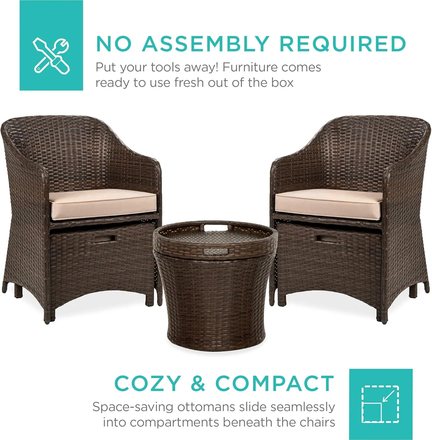 Best Choice Products 5-Piece Outdoor Patio Furniture Set, No Assembly Required Wicker Conversation Bistro & Storage Table for Backyard, Porch, Balcony w/Space-Saving Design - Brown/Beige