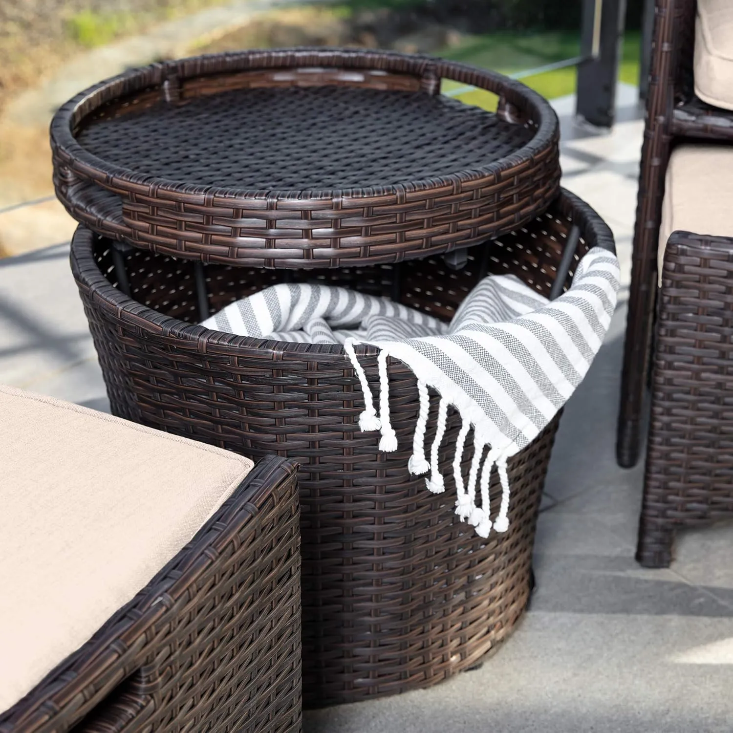 Best Choice Products 5-Piece Outdoor Patio Furniture Set, No Assembly Required Wicker Conversation Bistro & Storage Table for Backyard, Porch, Balcony w/Space-Saving Design - Brown/Beige