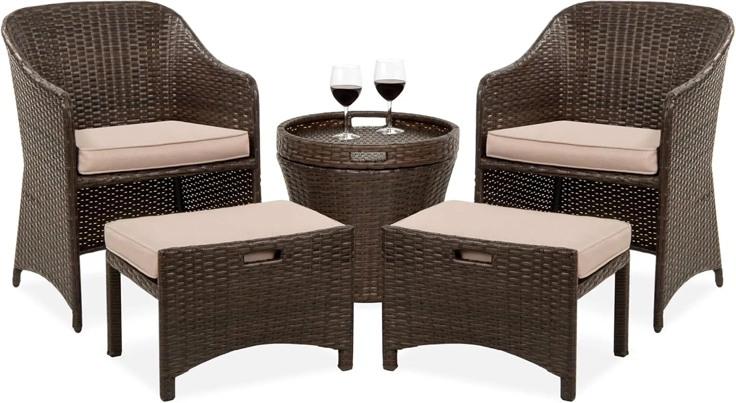 Best Choice Products 5-Piece Outdoor Patio Furniture Set, No Assembly Required Wicker Conversation Bistro & Storage Table for Backyard, Porch, Balcony w/Space-Saving Design - Brown/Beige