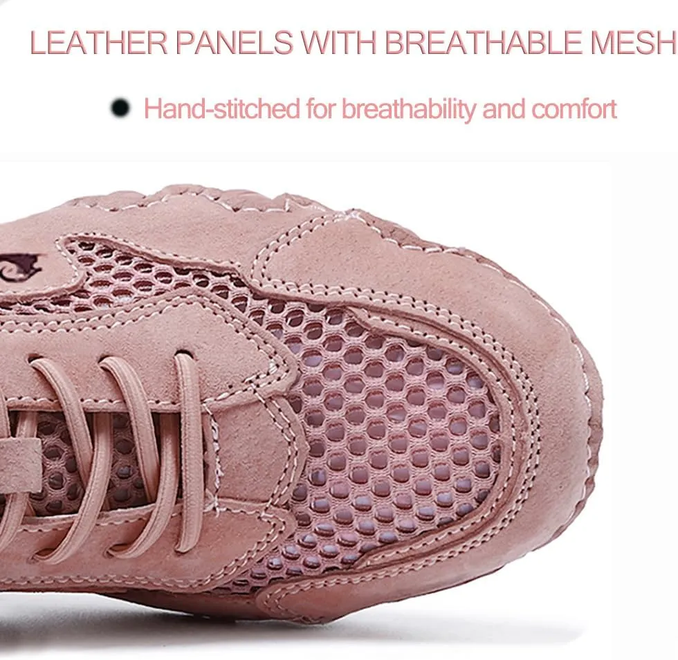 Boxpopla Women's Leather Outdoor Mesh Trail Shoes for Hiking & Walking Unisex Non-Slip Slip On Lightweight Sneakers Breathable Comfort Soft Summer Sports Driving Shoes