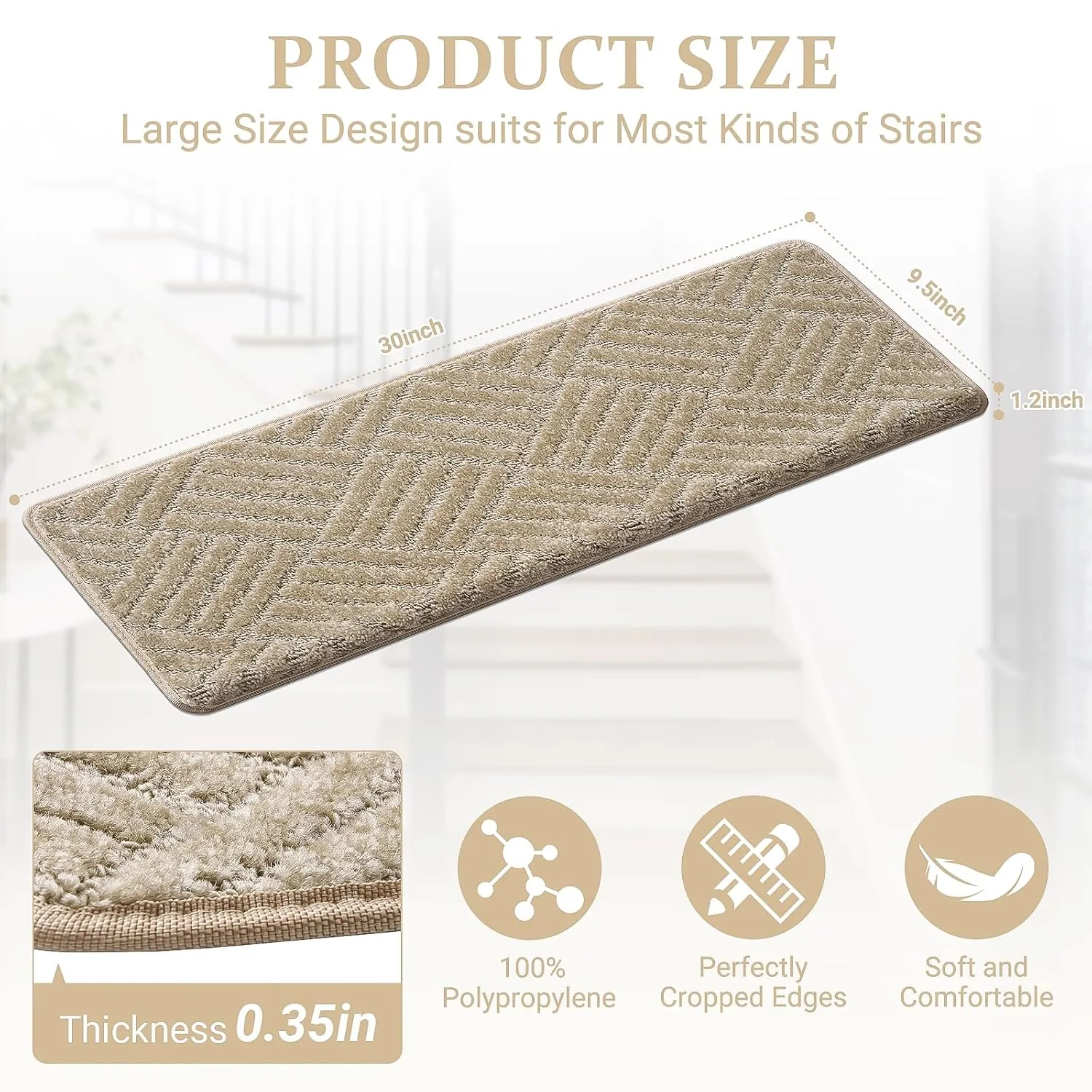Bullnose Carpet Stair Treads, 15 Pack Non-Slip Indoor Stair Mats for Wooden Steps, Staircase Step Treads Stair Protectors Soft Rugs for Elders, Kids and Pets (30x9.5x1.2 Inches, Khaki)