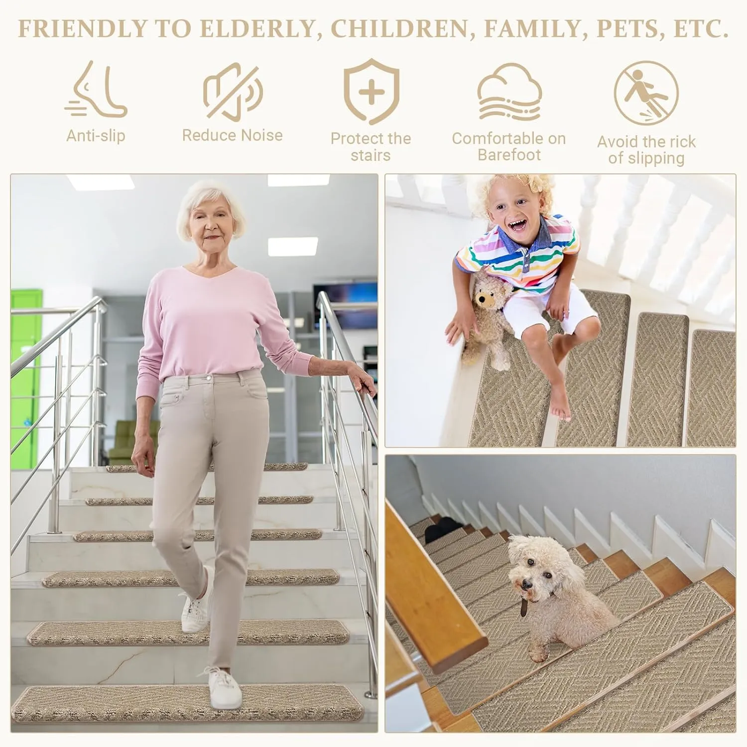 Bullnose Carpet Stair Treads, 15 Pack Non-Slip Indoor Stair Mats for Wooden Steps, Staircase Step Treads Stair Protectors Soft Rugs for Elders, Kids and Pets (30x9.5x1.2 Inches, Khaki)