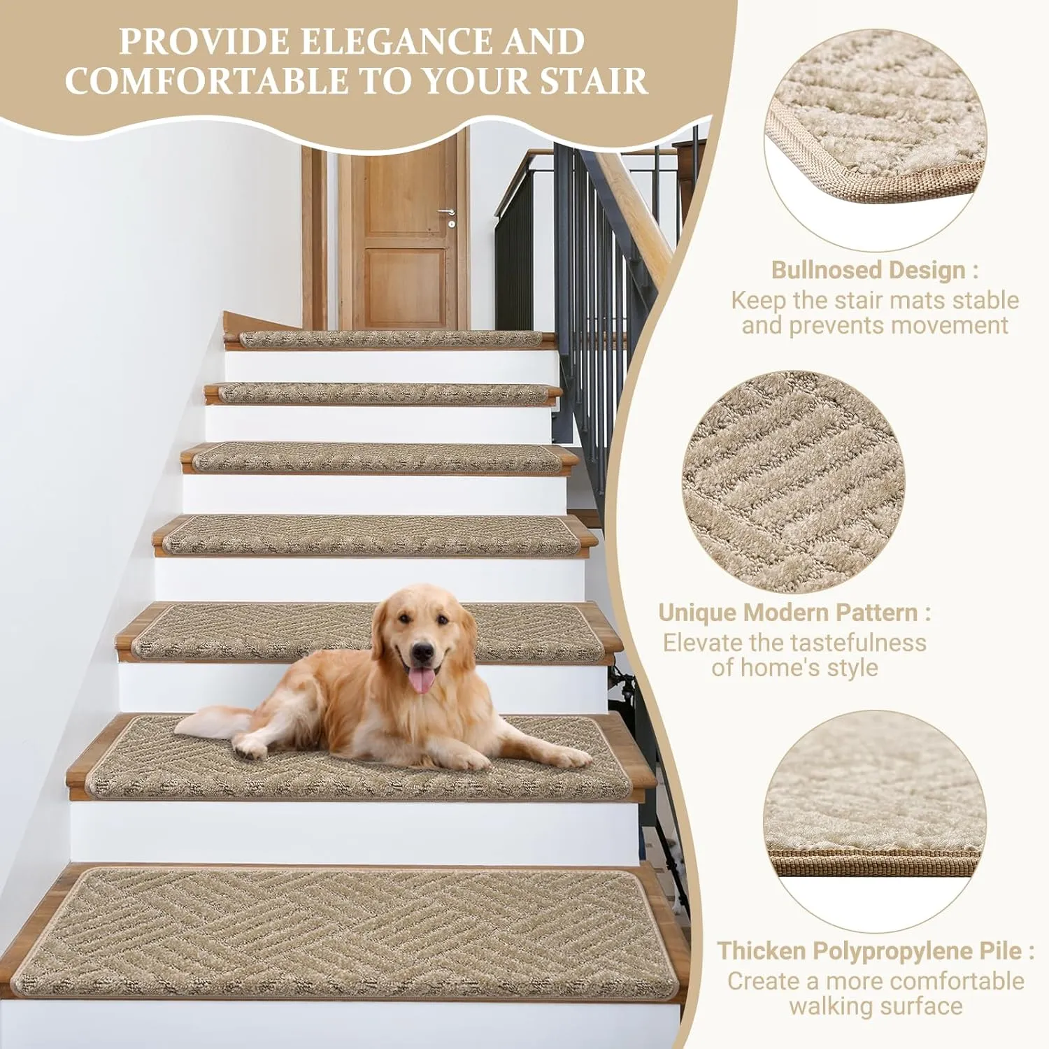 Bullnose Carpet Stair Treads, 15 Pack Non-Slip Indoor Stair Mats for Wooden Steps, Staircase Step Treads Stair Protectors Soft Rugs for Elders, Kids and Pets (30x9.5x1.2 Inches, Khaki)