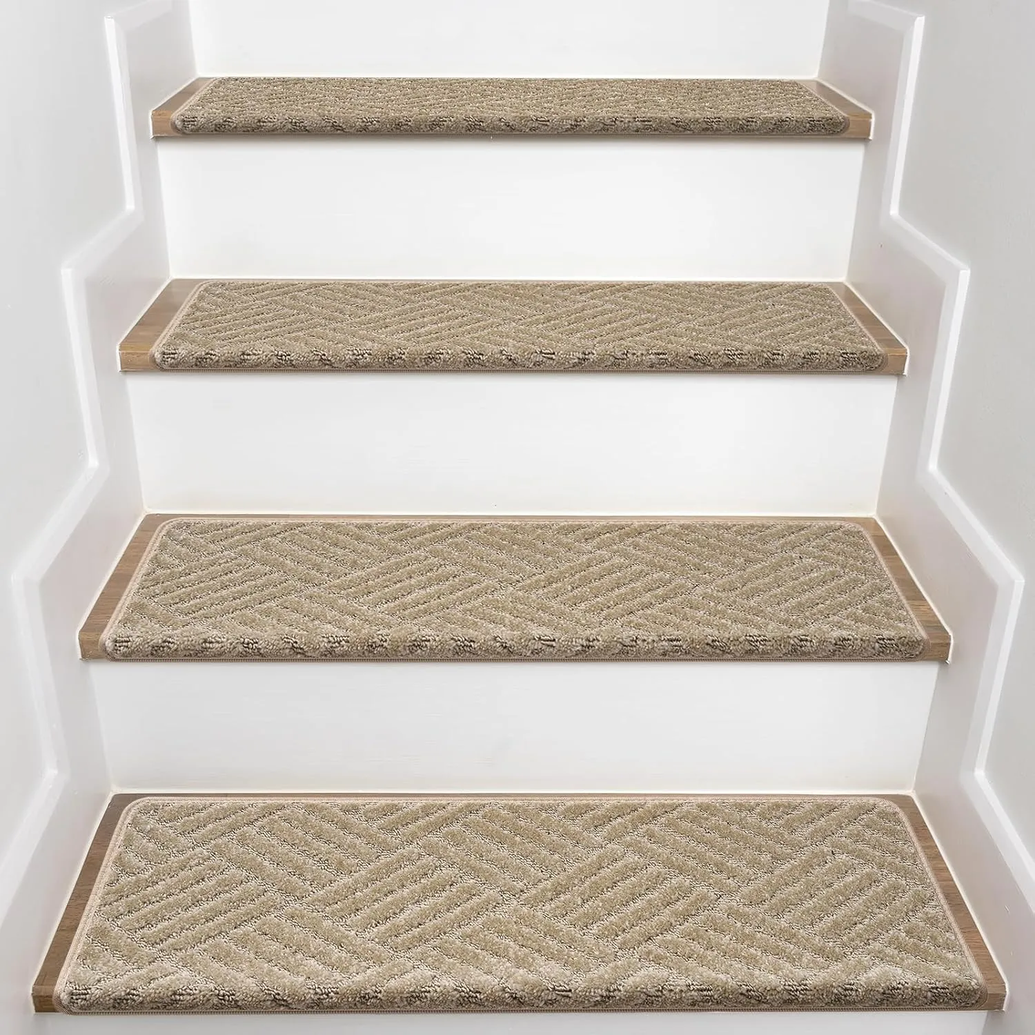 Bullnose Carpet Stair Treads, 15 Pack Non-Slip Indoor Stair Mats for Wooden Steps, Staircase Step Treads Stair Protectors Soft Rugs for Elders, Kids and Pets (30x9.5x1.2 Inches, Khaki)