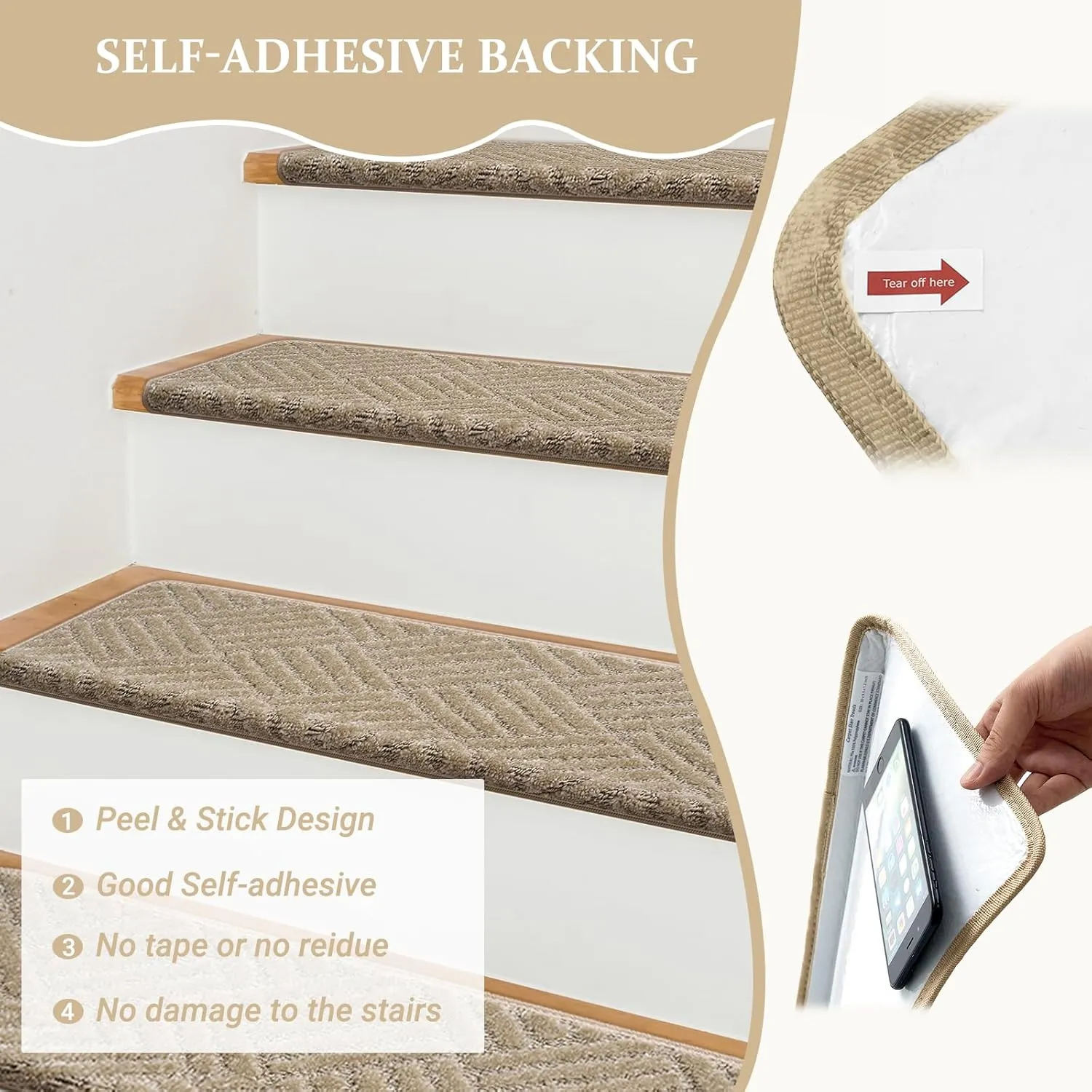 Bullnose Carpet Stair Treads, 15 Pack Non-Slip Indoor Stair Mats for Wooden Steps, Staircase Step Treads Stair Protectors Soft Rugs for Elders, Kids and Pets (30x9.5x1.2 Inches, Khaki)