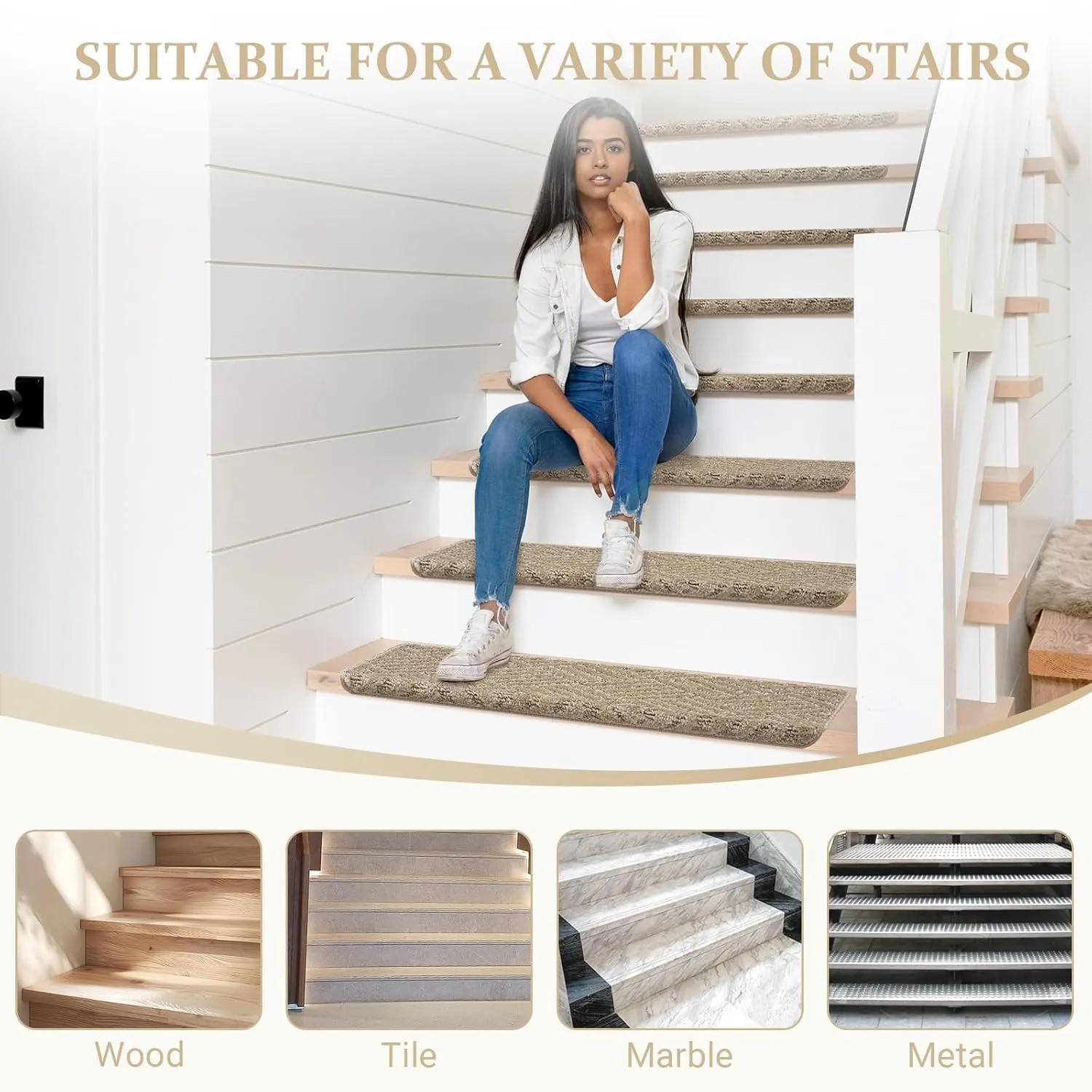 Bullnose Carpet Stair Treads, 15 Pack Non-Slip Indoor Stair Mats for Wooden Steps, Staircase Step Treads Stair Protectors Soft Rugs for Elders, Kids and Pets (30x9.5x1.2 Inches, Khaki)