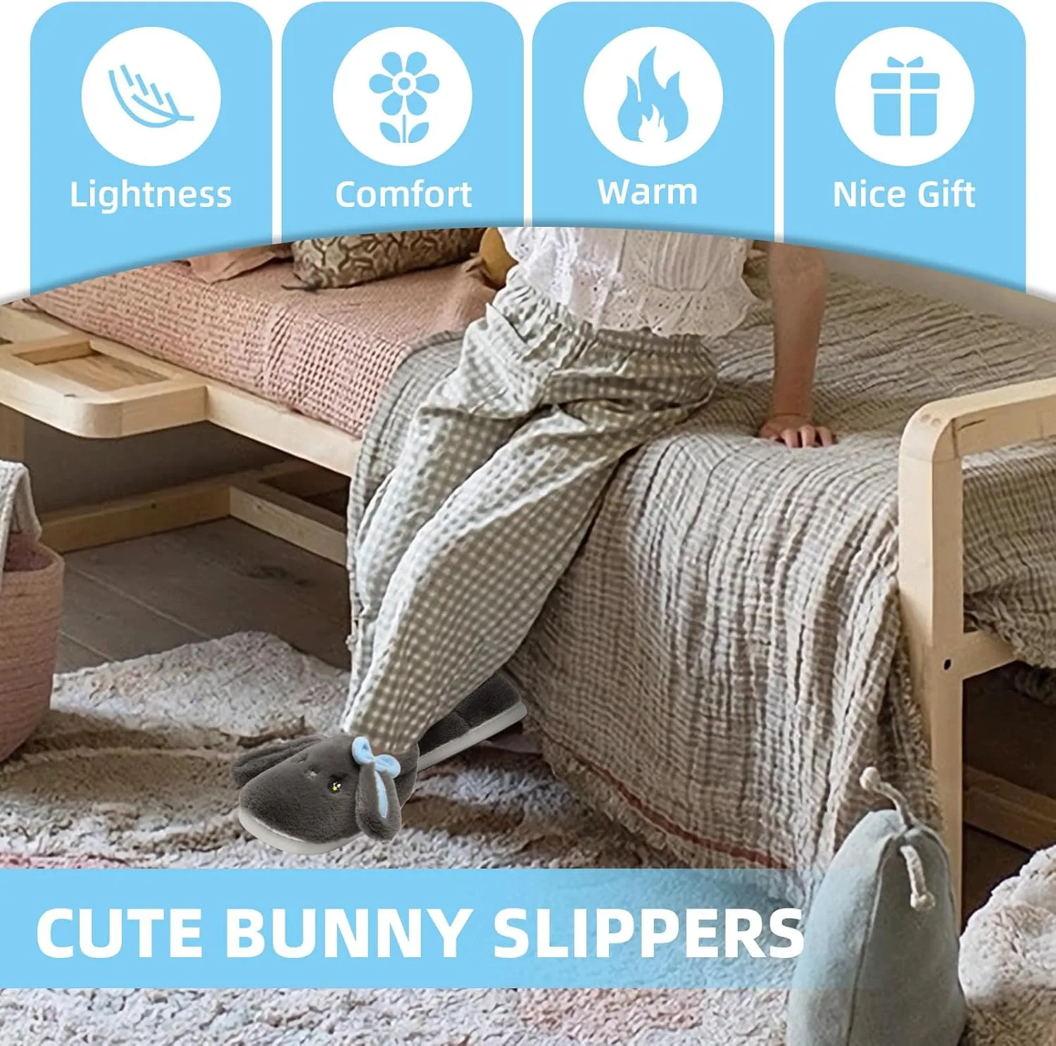 Bunny Cute Toddler Slippers for Girls Women, Fluffy Warm House Slippers for Kids Indoor Outdoor, Non Slip Comfy Memory Foam Closed Back Home Shoes