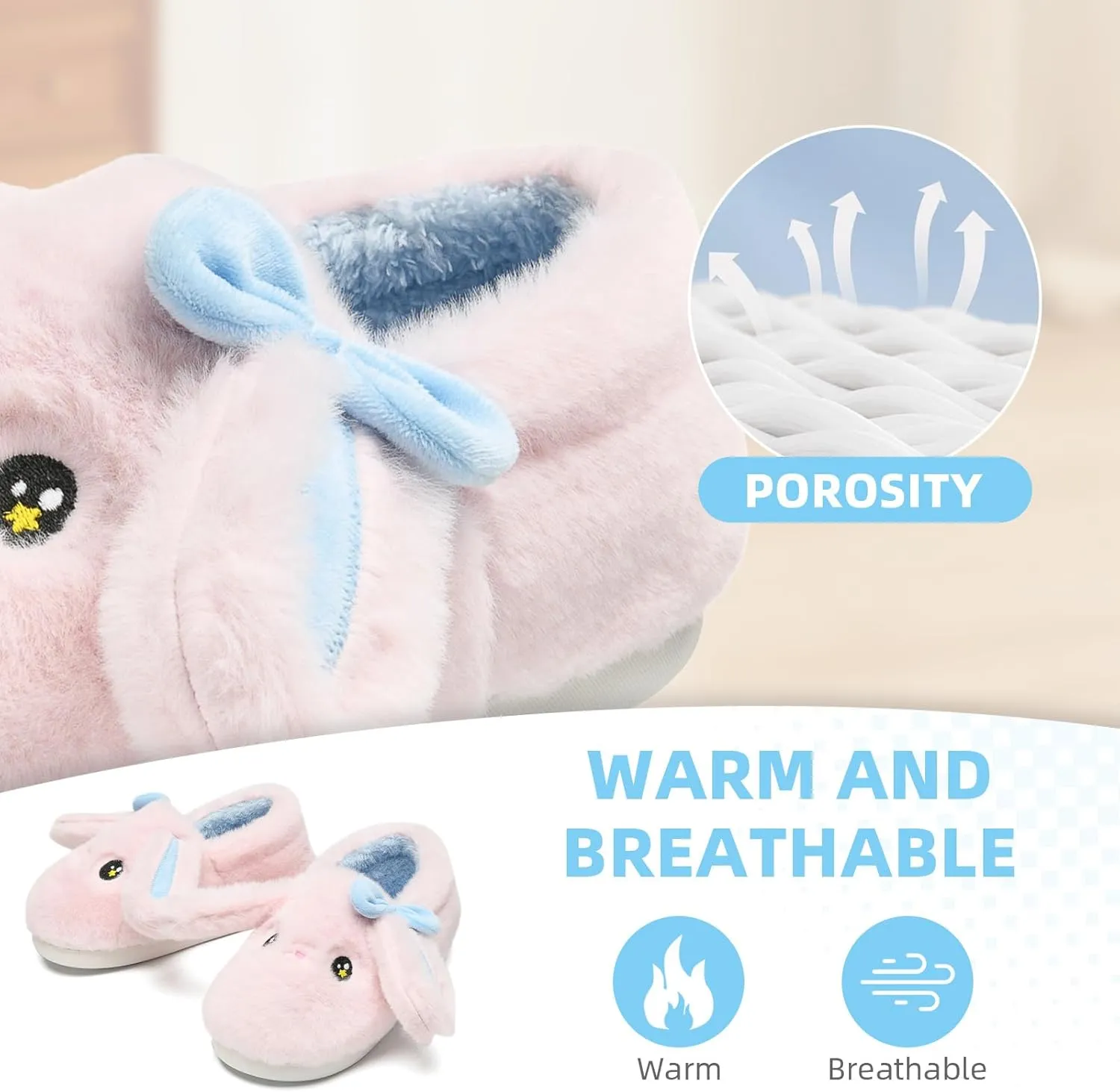 Bunny Cute Toddler Slippers for Girls Women, Fluffy Warm House Slippers for Kids Indoor Outdoor, Non Slip Comfy Memory Foam Closed Back Home Shoes