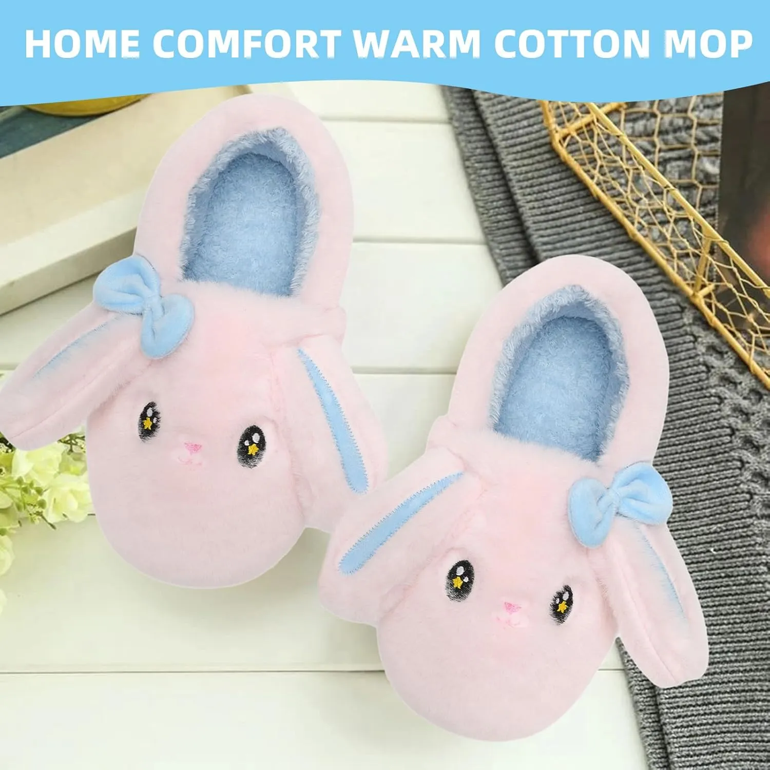 Bunny Cute Toddler Slippers for Girls Women, Fluffy Warm House Slippers for Kids Indoor Outdoor, Non Slip Comfy Memory Foam Closed Back Home Shoes