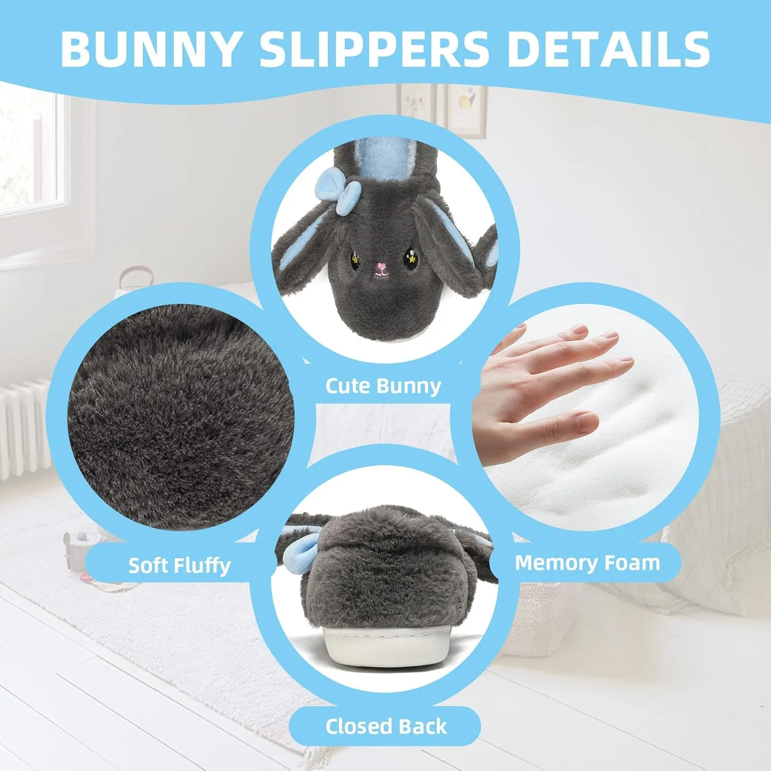 Bunny Cute Toddler Slippers for Girls Women, Fluffy Warm House Slippers for Kids Indoor Outdoor, Non Slip Comfy Memory Foam Closed Back Home Shoes