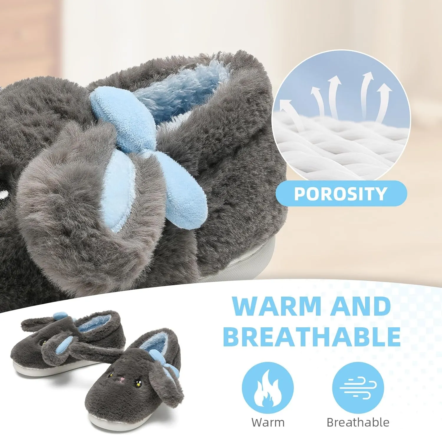 Bunny Cute Toddler Slippers for Girls Women, Fluffy Warm House Slippers for Kids Indoor Outdoor, Non Slip Comfy Memory Foam Closed Back Home Shoes