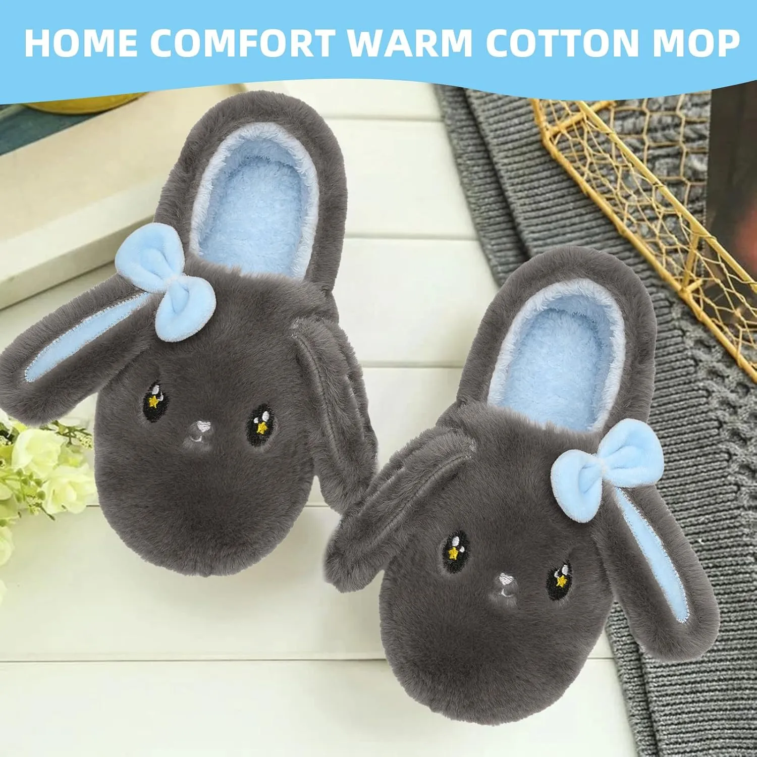 Bunny Cute Toddler Slippers for Girls Women, Fluffy Warm House Slippers for Kids Indoor Outdoor, Non Slip Comfy Memory Foam Closed Back Home Shoes