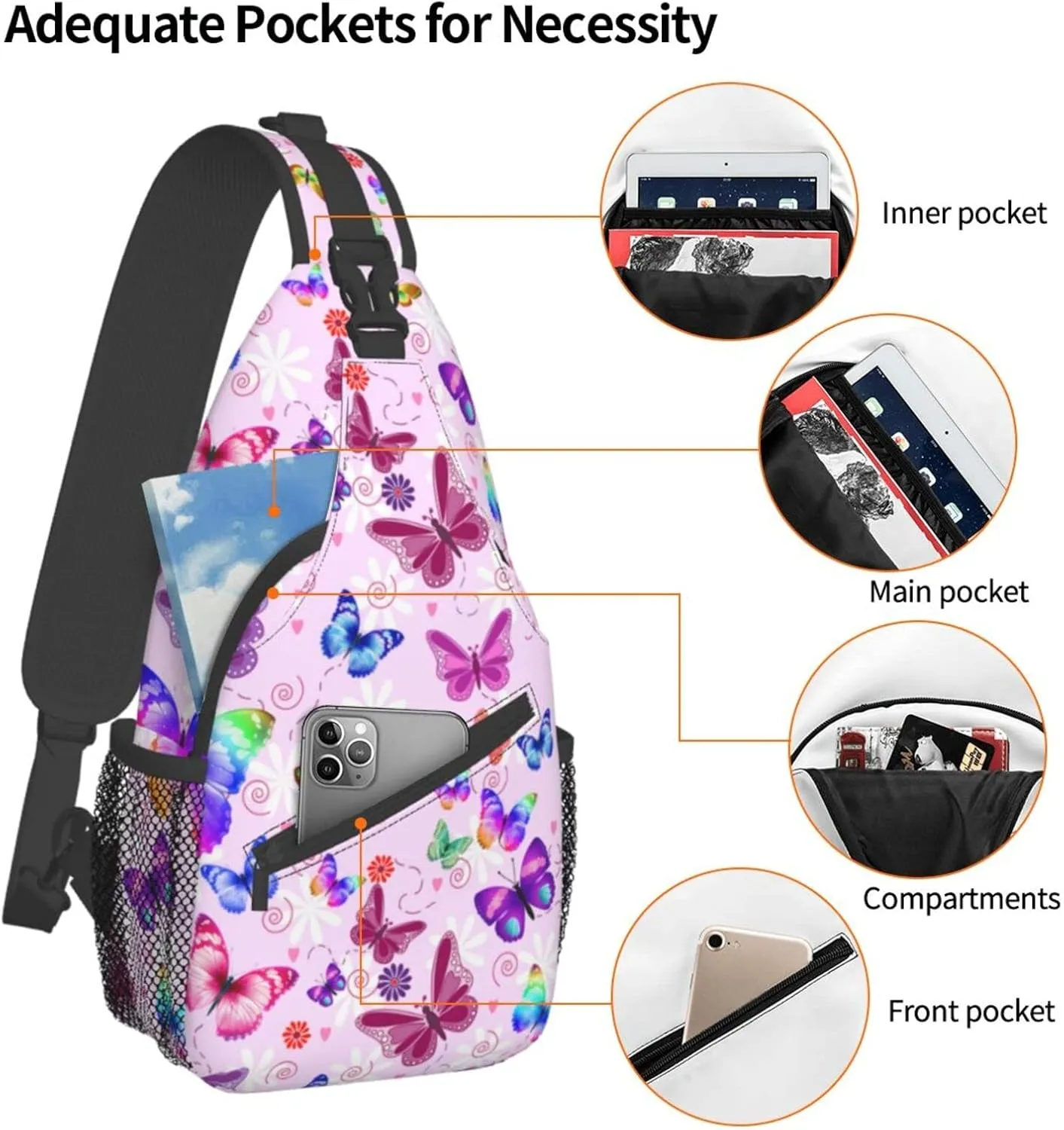 Butterflies Sling Bag Travel Crossbody Bag Chest Daypack Hiking Shoulder Bag For Men Women
