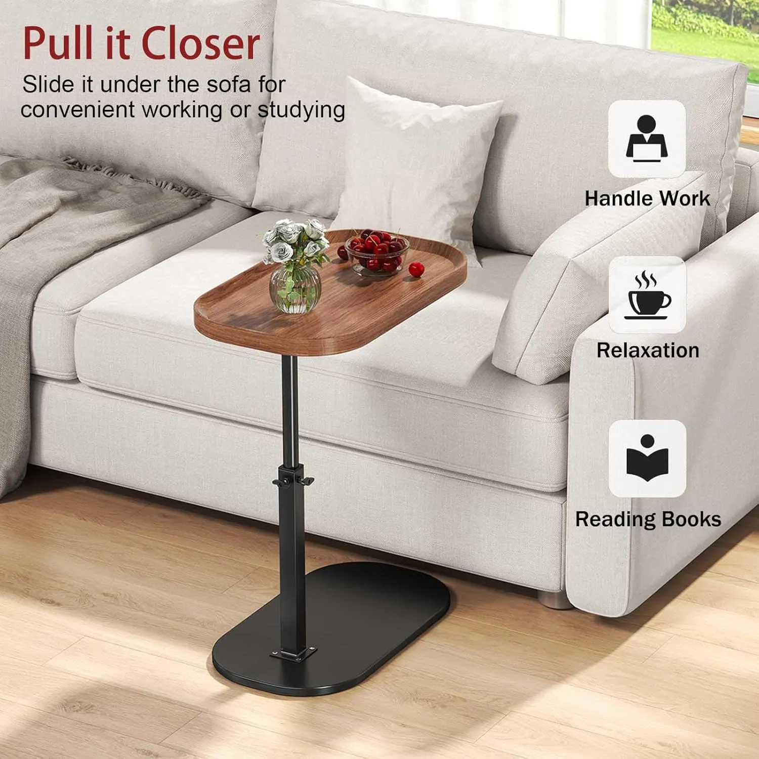C Shaped End Table Adjustable Height,360° Swivel Tv Tray,Living Room Side Table for Couch, Small Space Bed Side Table,Couch Tables That Slide Under for Sofa Bed Chair,Black